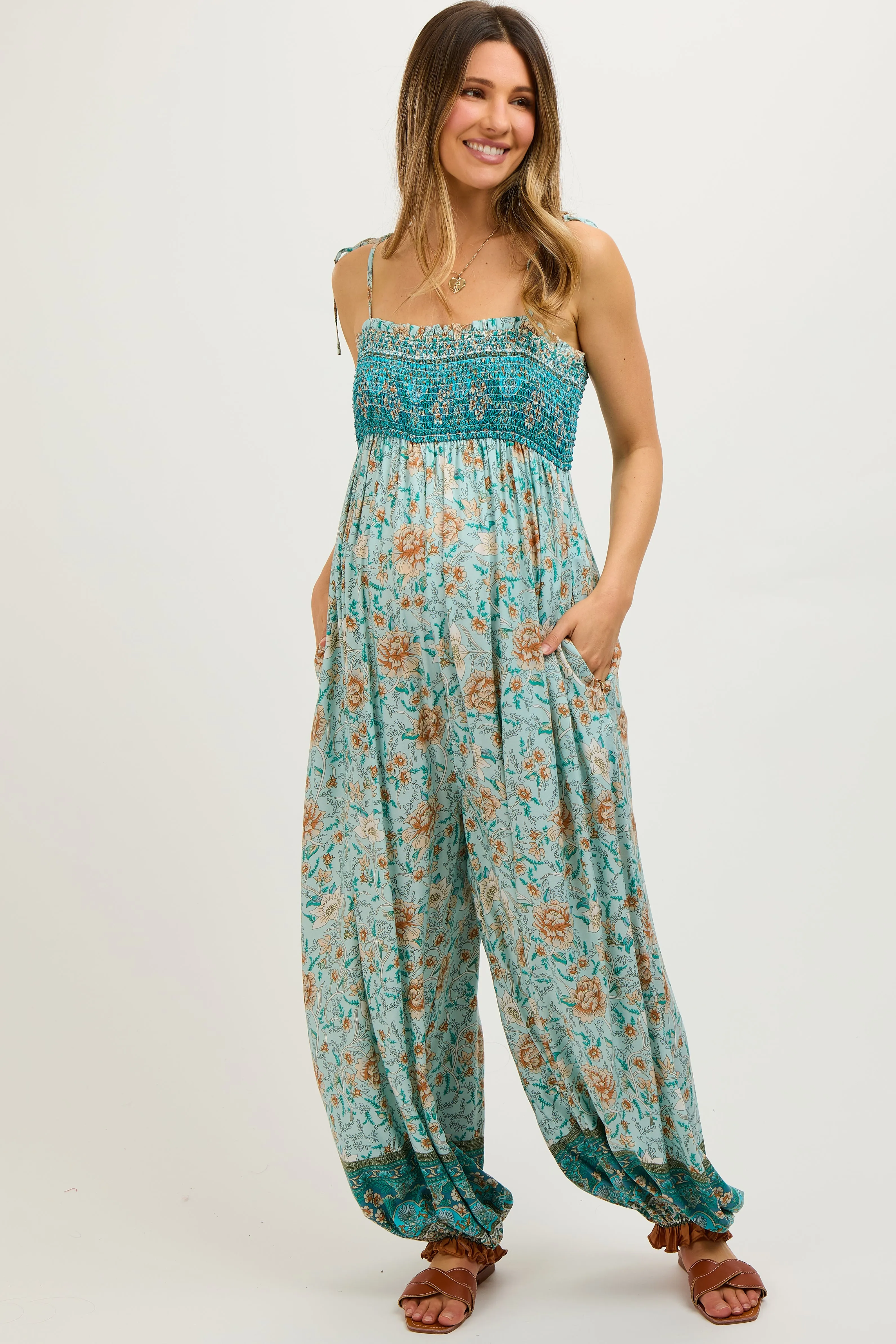 Light Blue Floral Border Print Smocked Shoulder Tie Maternity Jumpsuit sold by Pinkblush product image thumbnail 2
