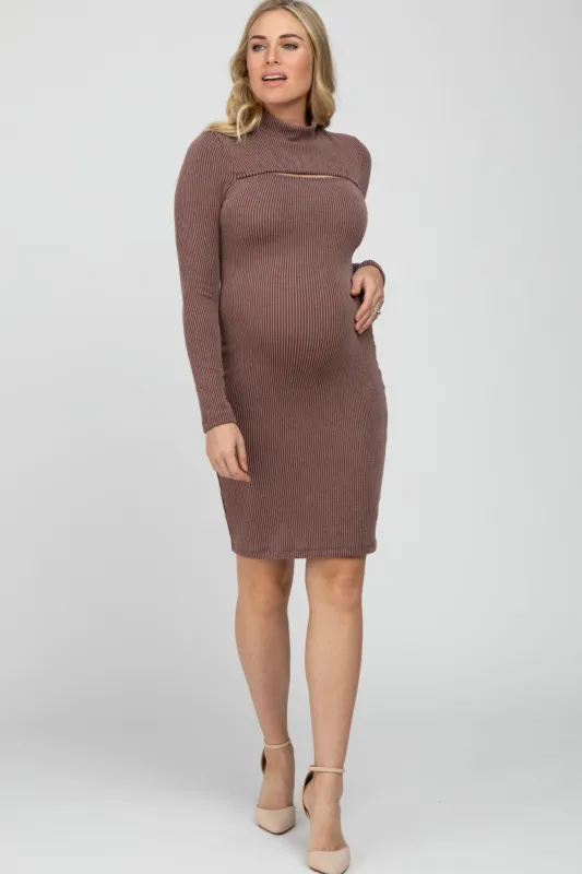 Brown Ribbed Mock Neck Front Cutout Maternity Dress sold by Pinkblush