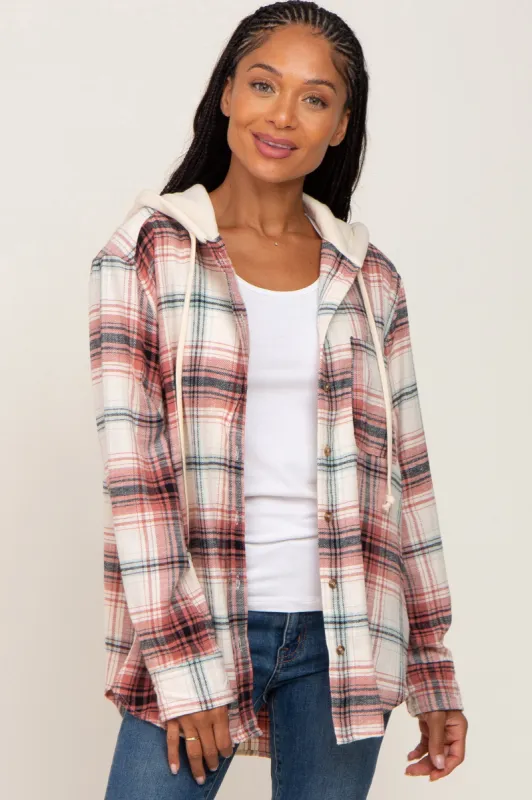 Rust Plaid Hooded Shirt Jacket sold by Pinkblush