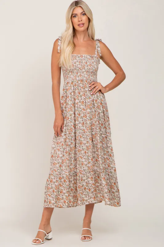 Beige Floral Sleeveless Tiered Maxi Dress sold by Pinkblush