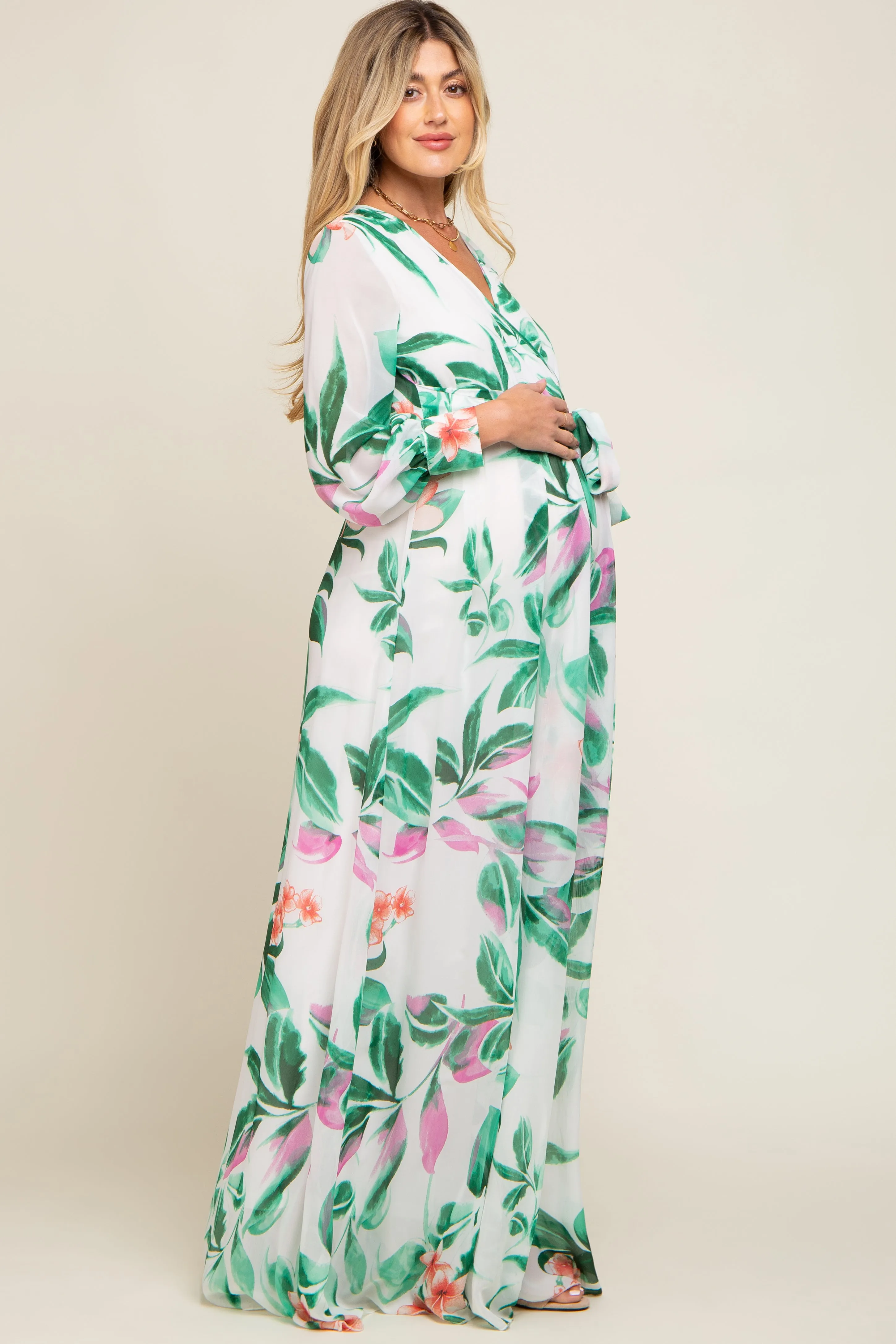 White Floral Chiffon Maternity Maxi Dress sold by Pinkblush product image thumbnail 2