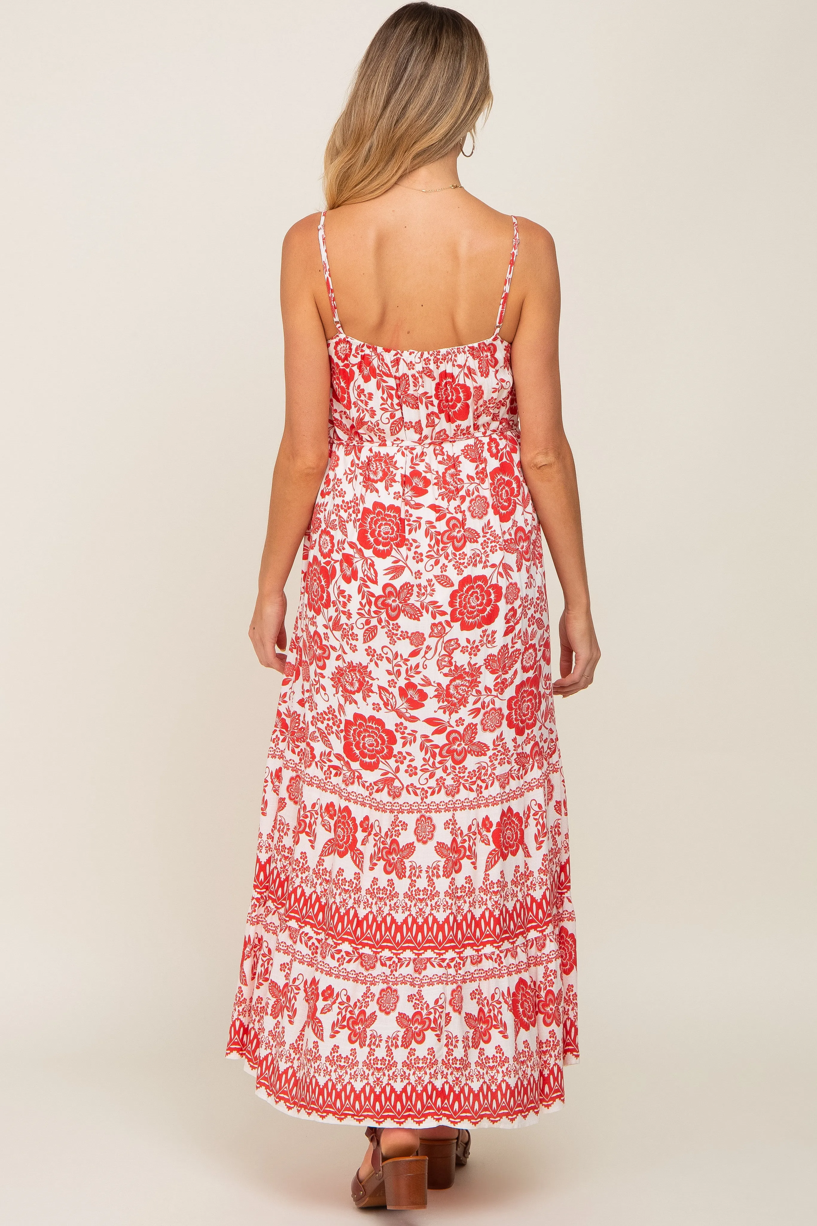 Red Floral Linen Tiered Maternity Maxi Dress sold by Pinkblush product image thumbnail 3