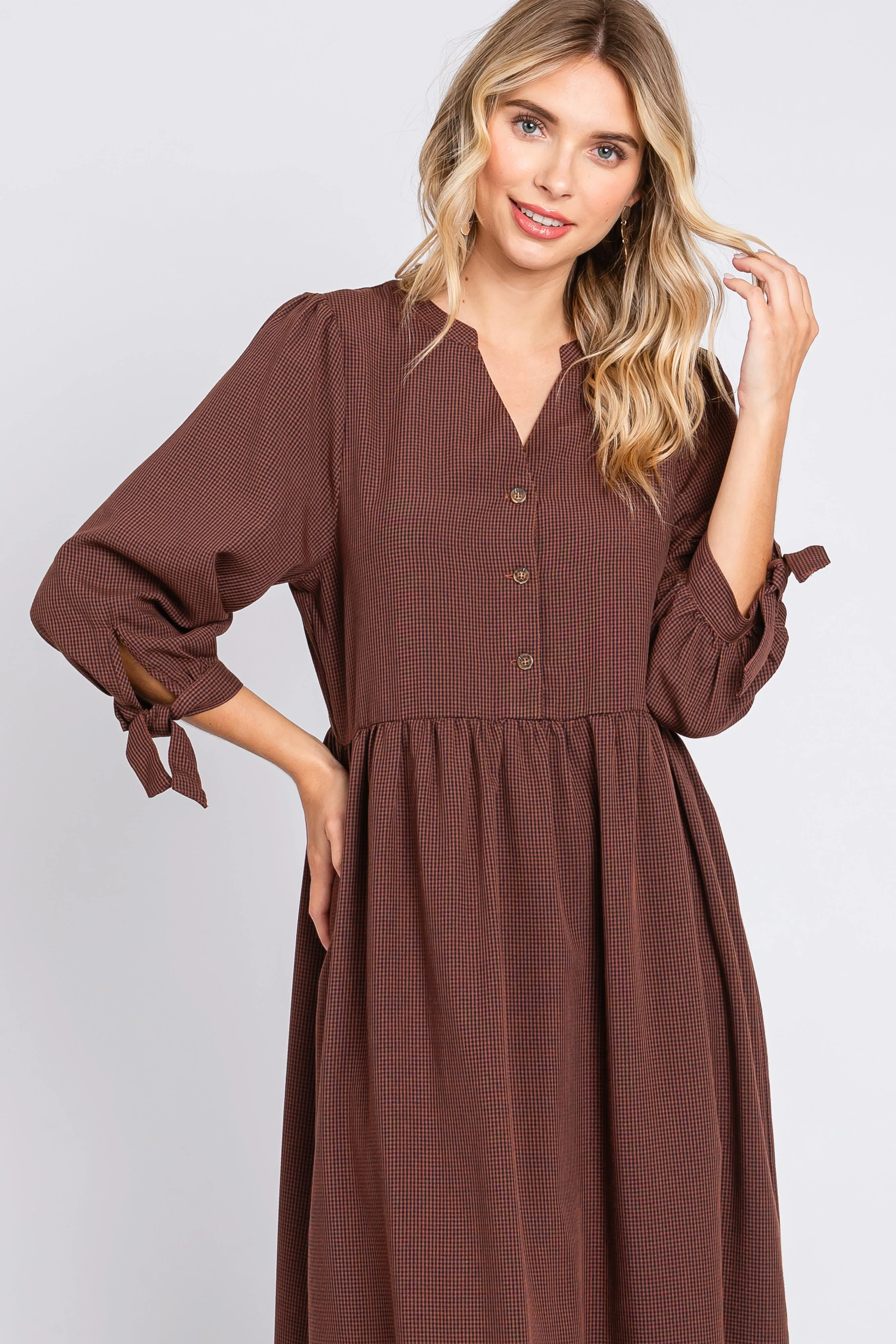 Brown Gingham Front Button Sleeve Tie Midi Dress sold by Pinkblush product image thumbnail 4