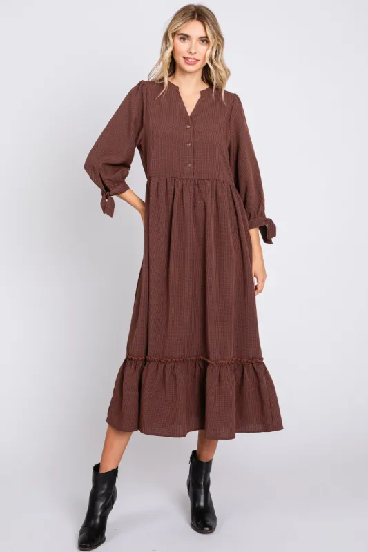 Brown Gingham Front Button Sleeve Tie Midi Dress sold by Pinkblush