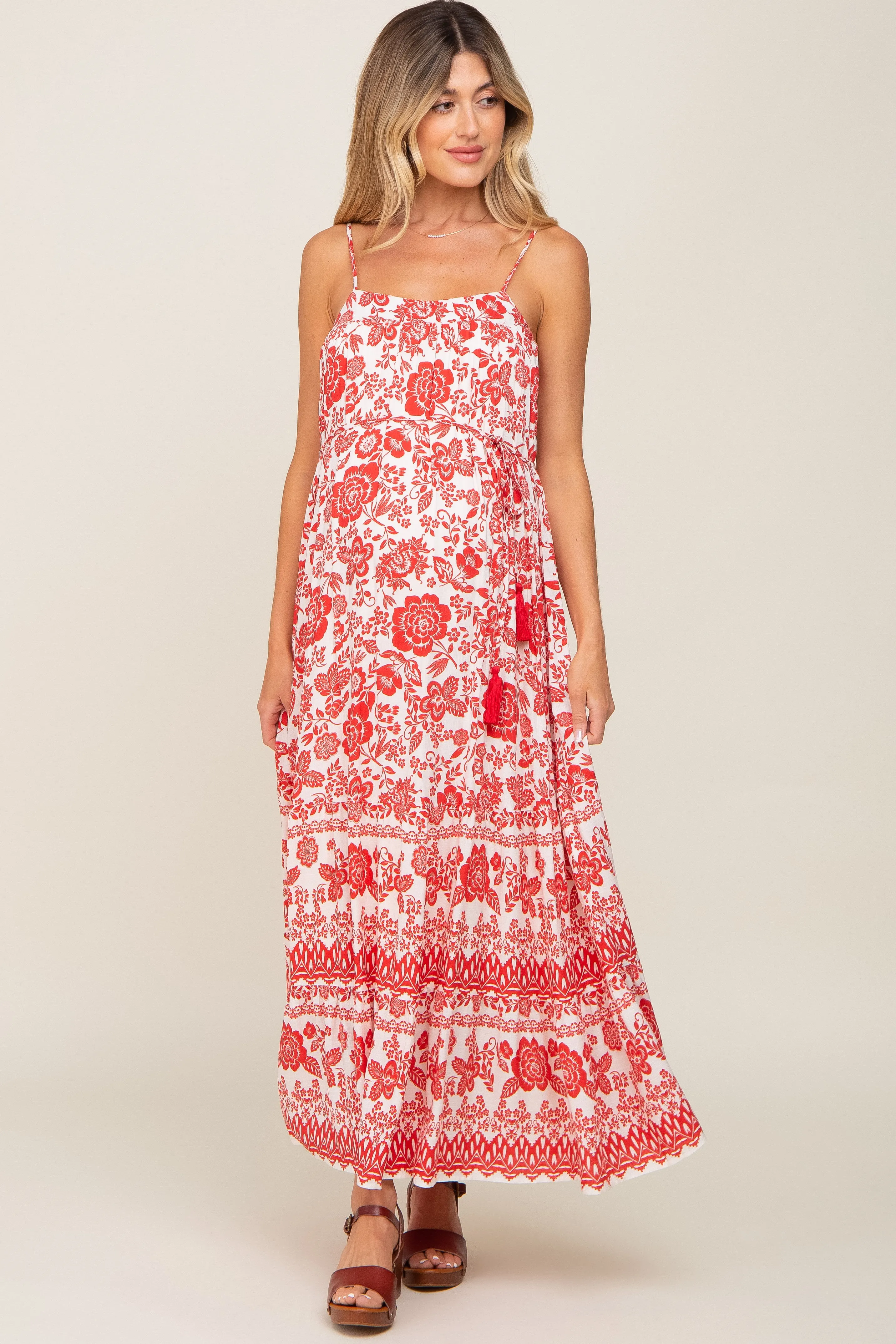 Red Floral Linen Tiered Maternity Maxi Dress sold by Pinkblush product image thumbnail 4
