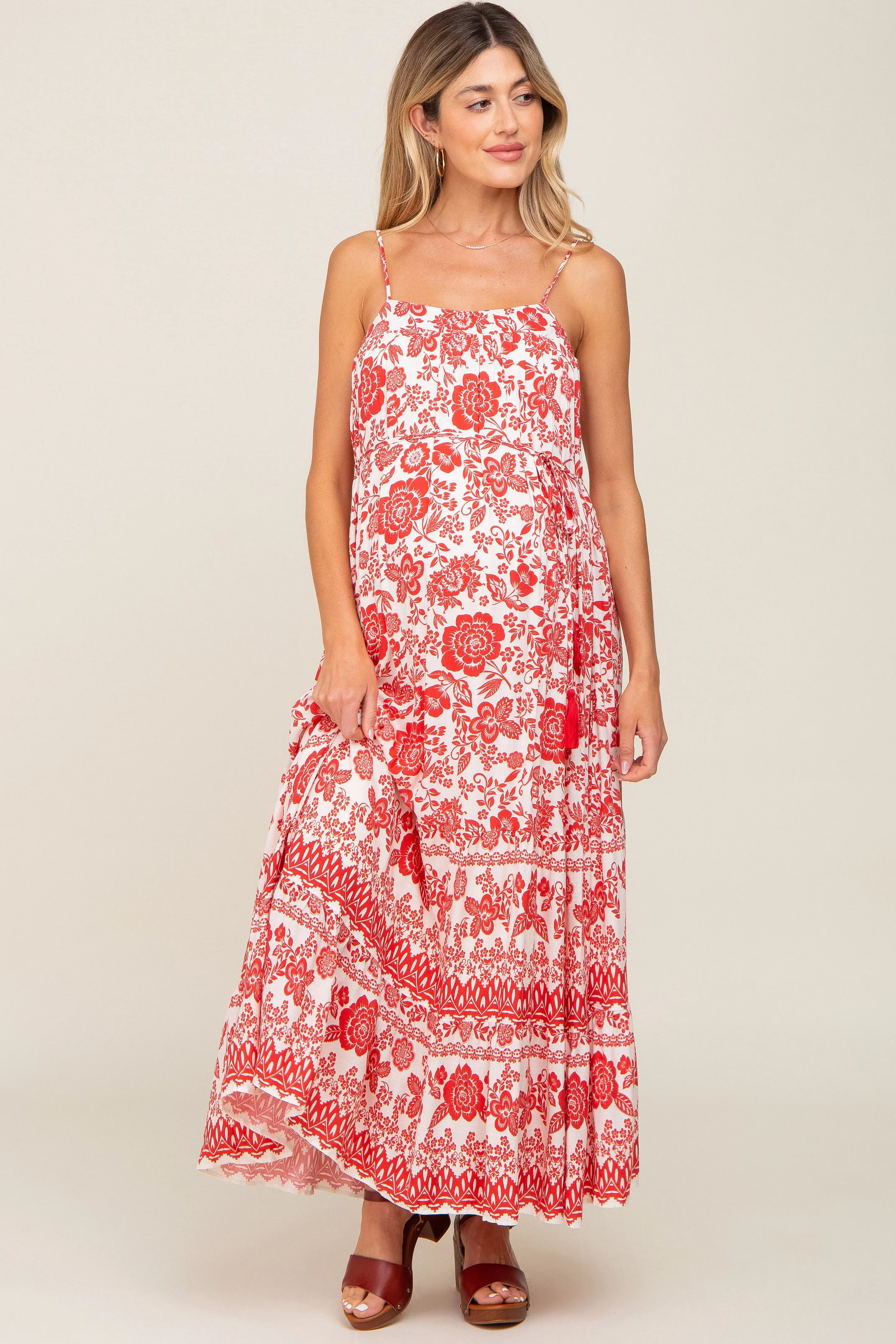 Red Floral Linen Tiered Maternity Maxi Dress sold by Pinkblush
