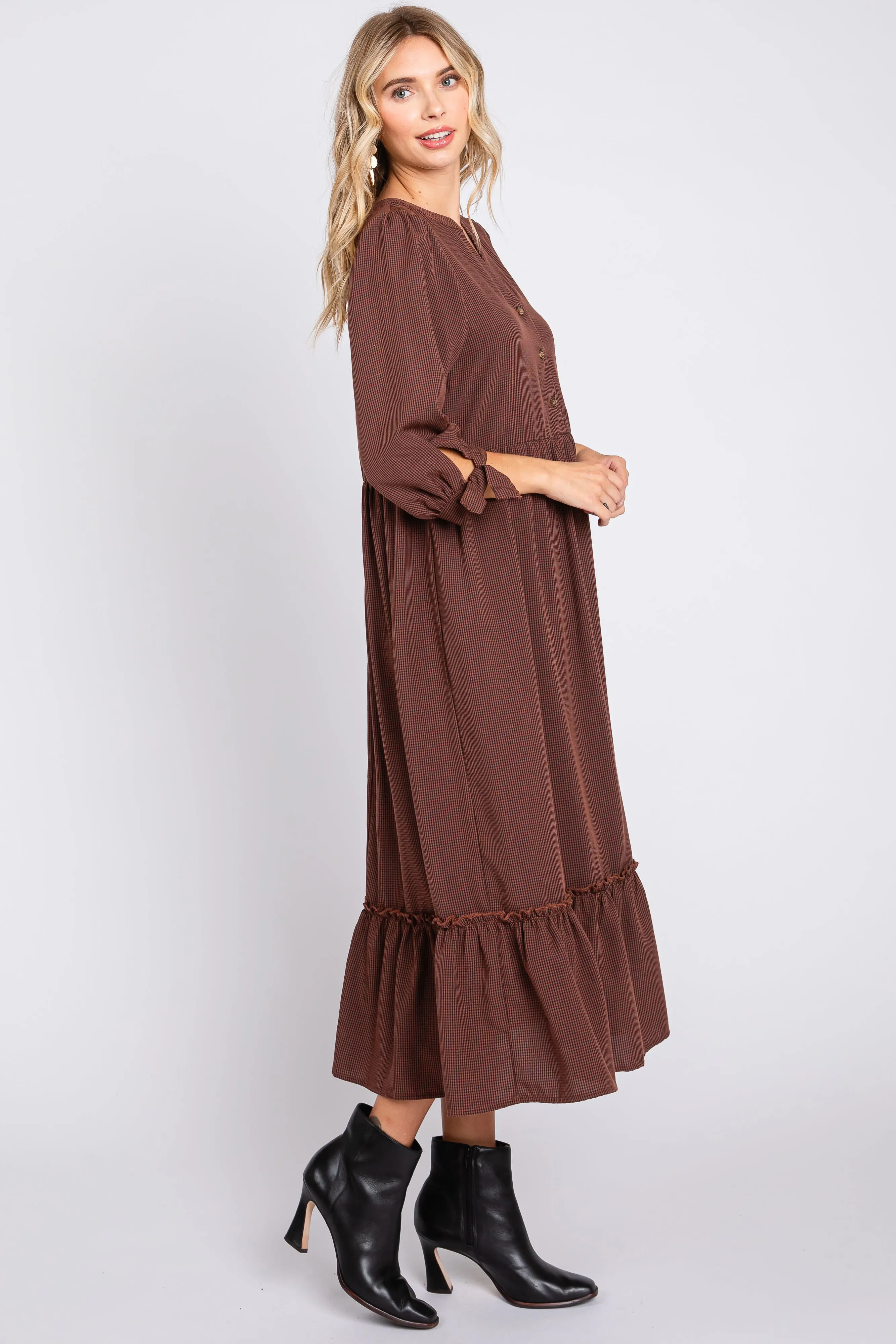 Brown Gingham Front Button Sleeve Tie Midi Dress sold by Pinkblush product image thumbnail 2