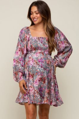 Pink Floral Shimmer Satin Smocked Maternity Dress sold by Pinkblush