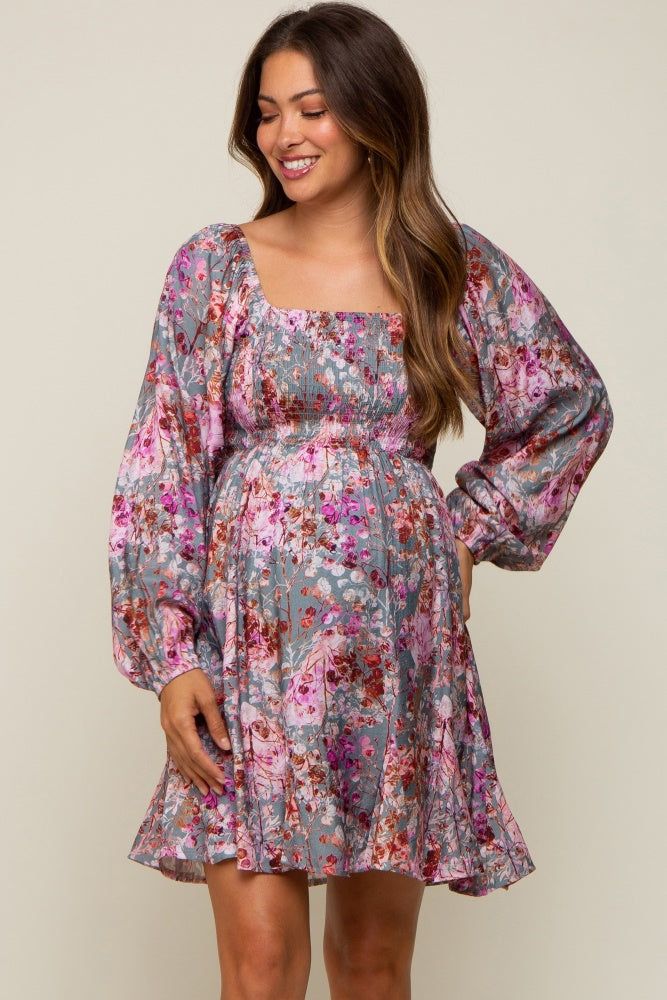 Pink Floral Shimmer Satin Smocked Maternity Dress sold by Pinkblush
