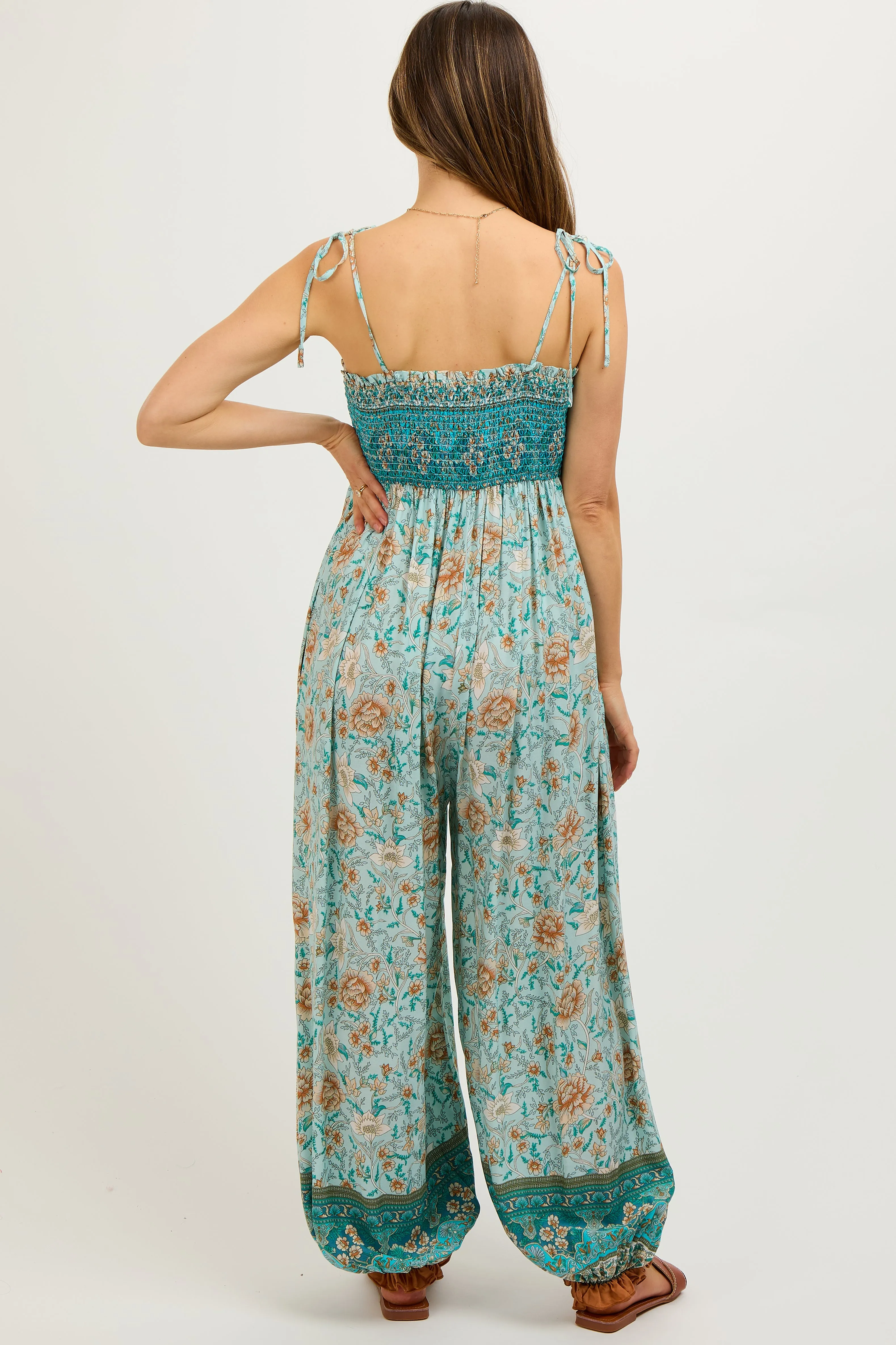 Light Blue Floral Border Print Smocked Shoulder Tie Maternity Jumpsuit sold by Pinkblush product image thumbnail 4