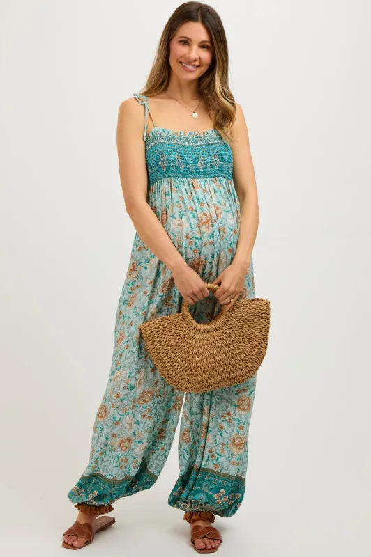 Light Blue Floral Border Print Smocked Shoulder Tie Maternity Jumpsuit sold by Pinkblush