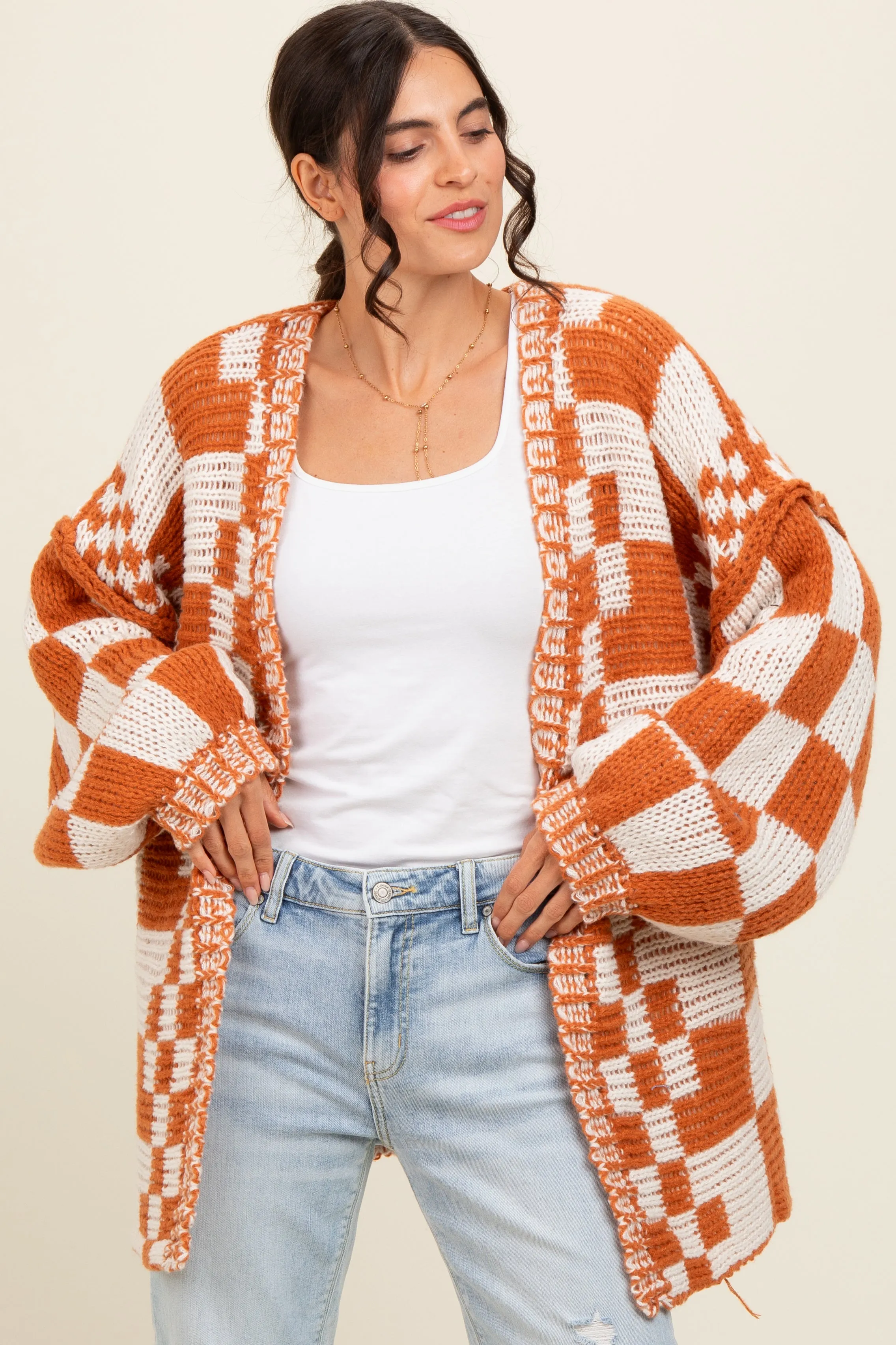 Rust Mixed Check Pattern Chunky Cardigan sold by Pinkblush product image thumbnail 2