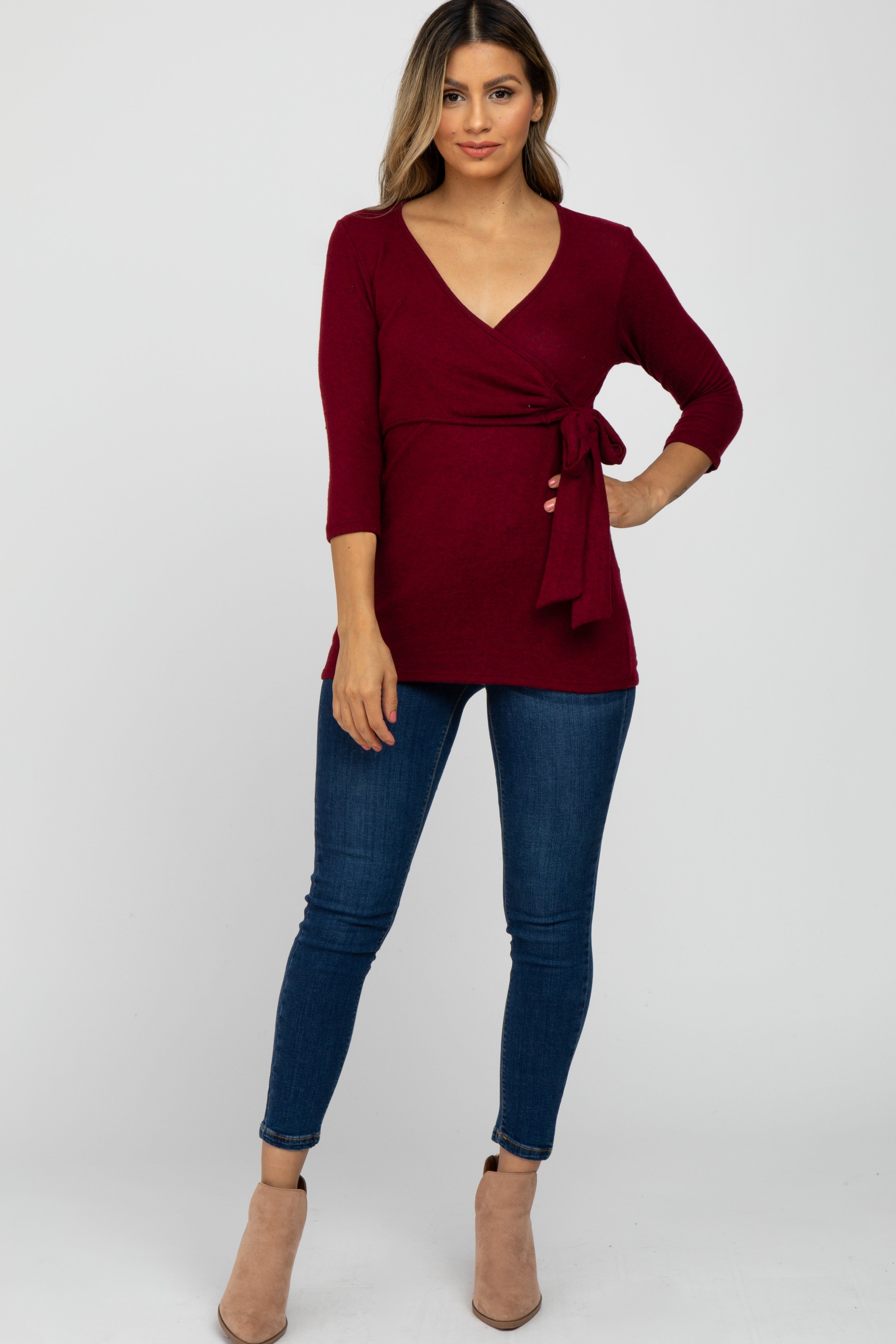 Burgundy Brushed Knit Wrap Top sold by Pinkblush product image thumbnail 2