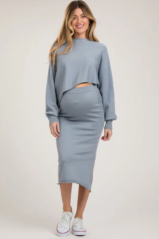 Light Blue Long Sleeve Crop Top Maternity Midi Skirt Set sold by Pinkblush