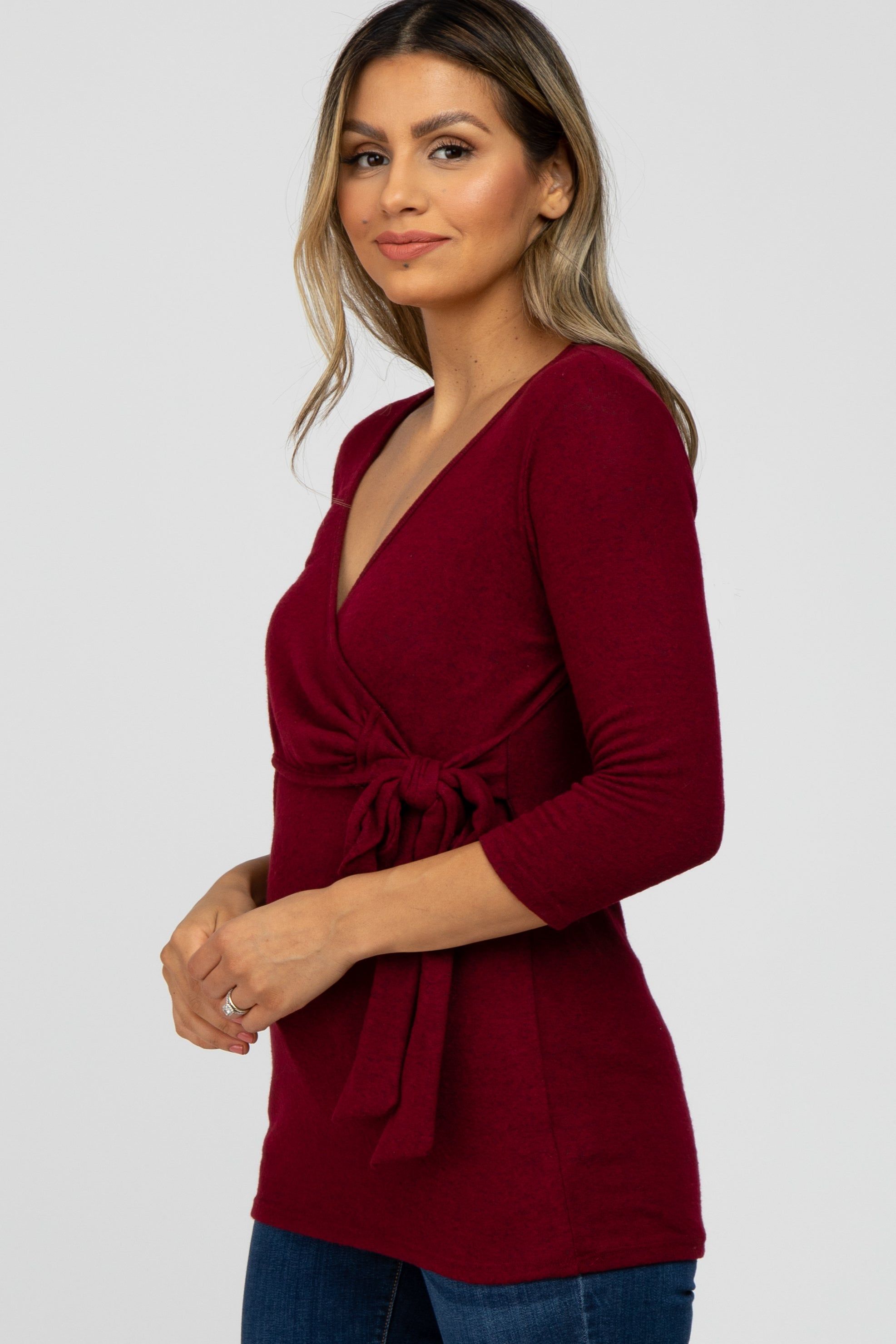 Burgundy Brushed Knit Wrap Top sold by Pinkblush product image thumbnail 3
