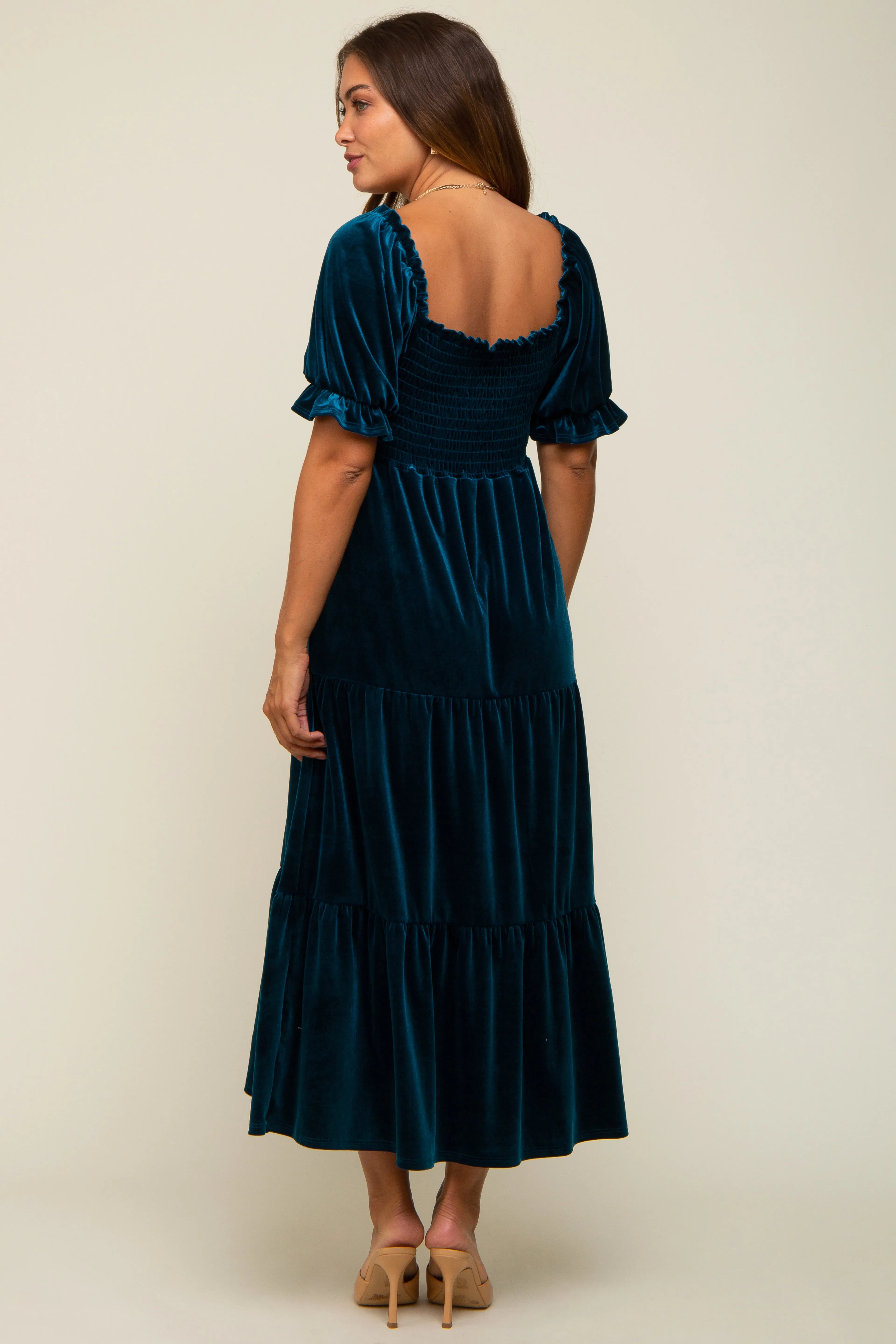 Teal Velvet Tiered Maternity Midi Dress sold by Pinkblush product image thumbnail 4