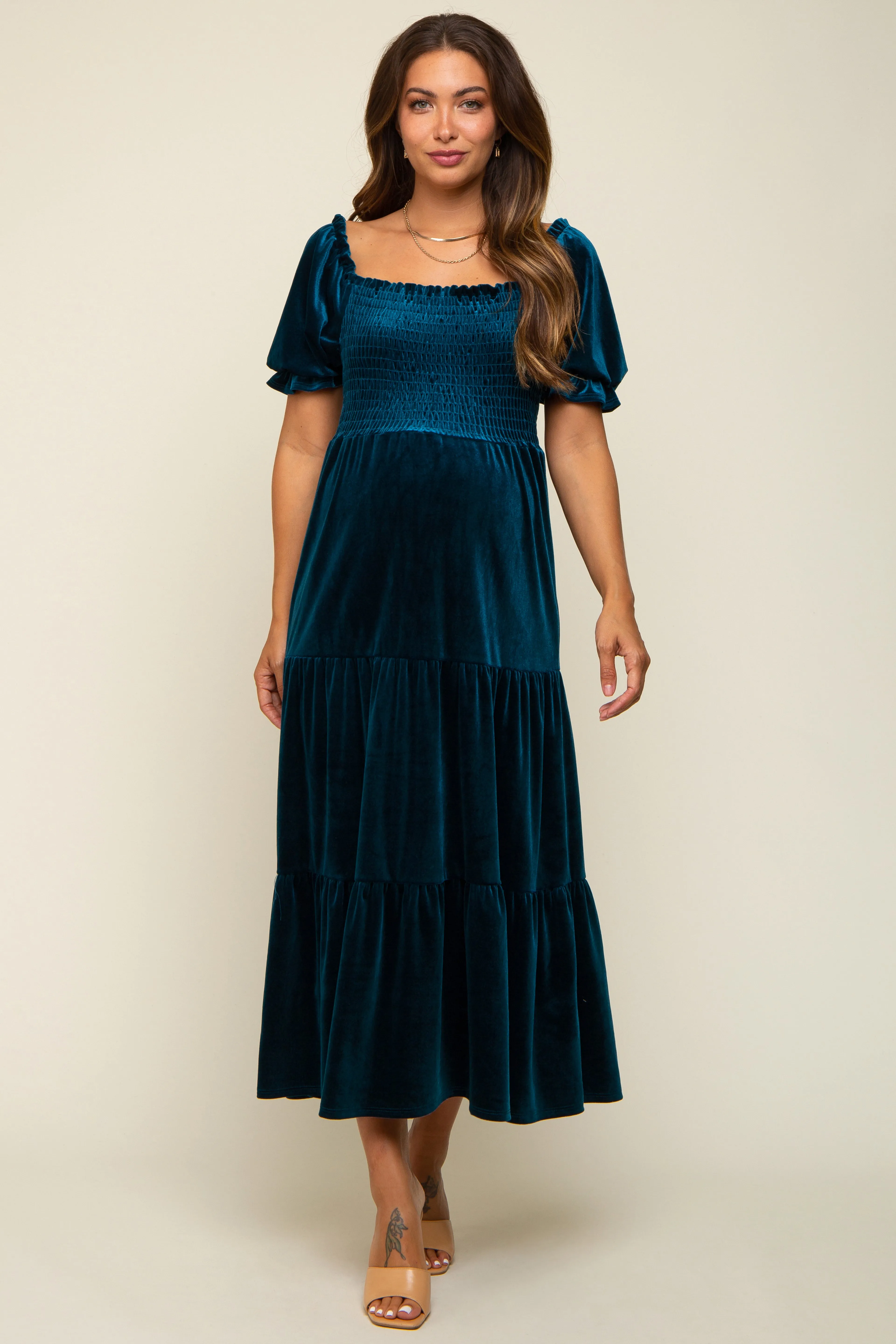 Teal Velvet Tiered Maternity Midi Dress sold by Pinkblush
