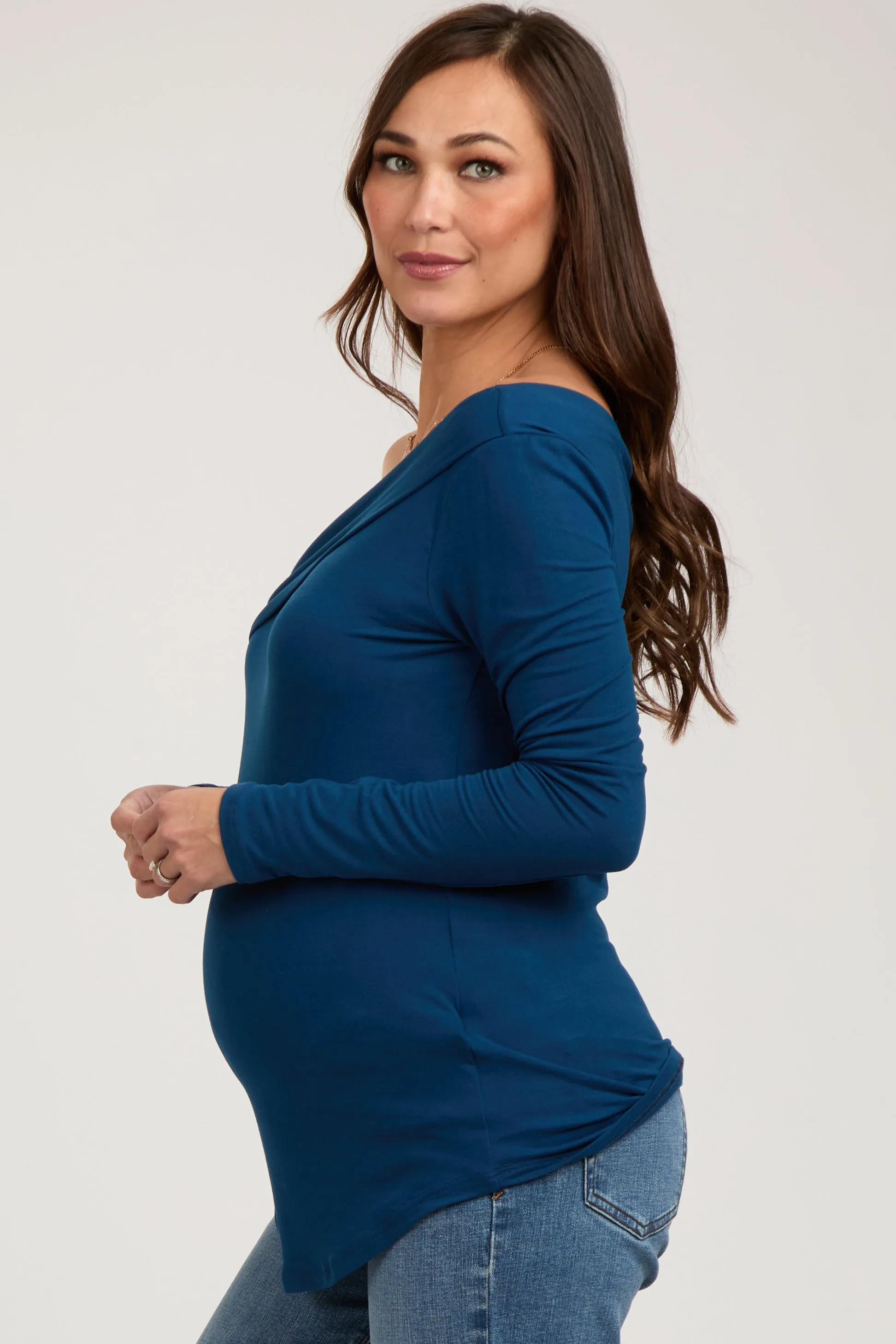 Navy Long Sleeve Off Shoulder Maternity Top sold by Pinkblush product image thumbnail 2