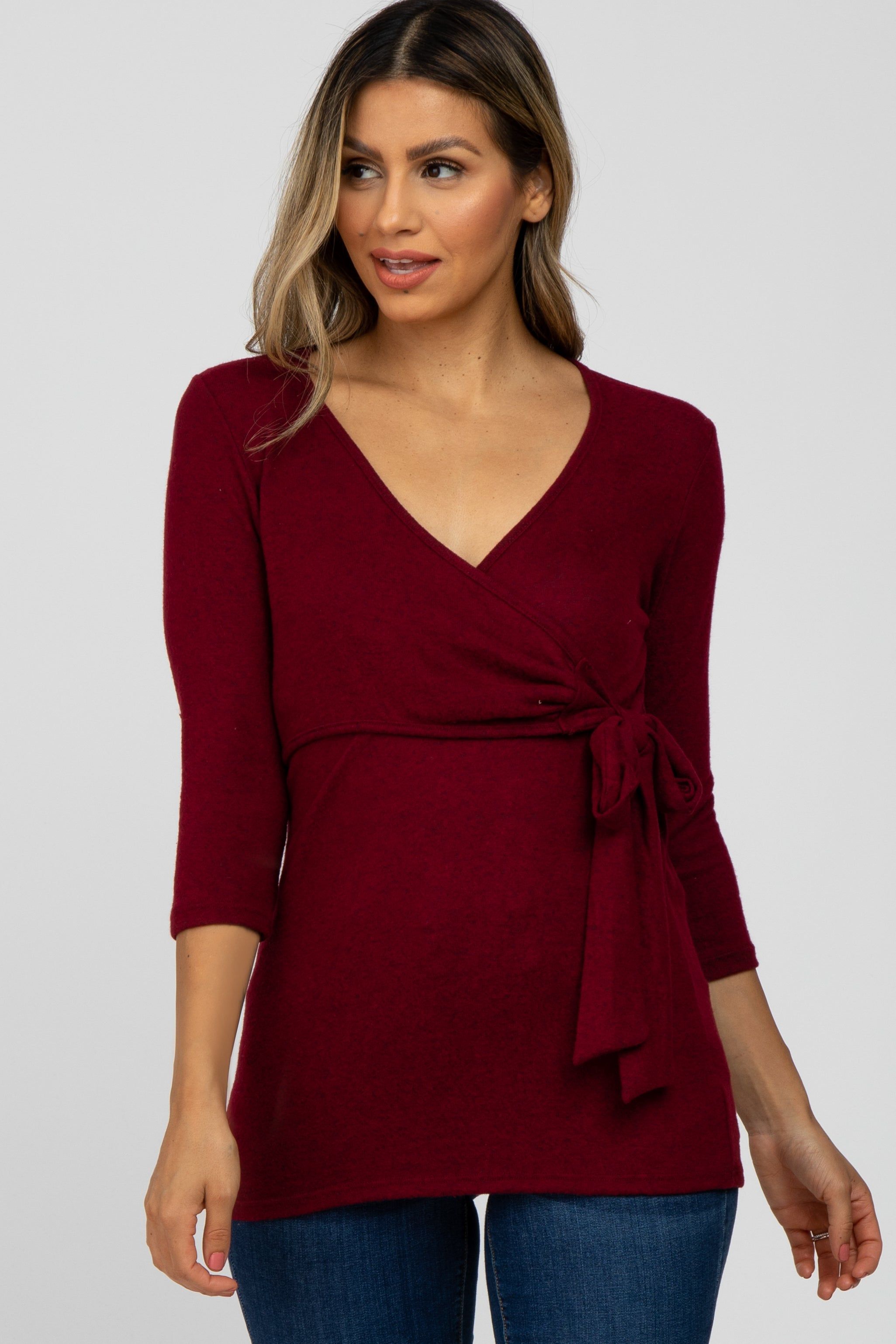 Burgundy Brushed Knit Wrap Top sold by Pinkblush
