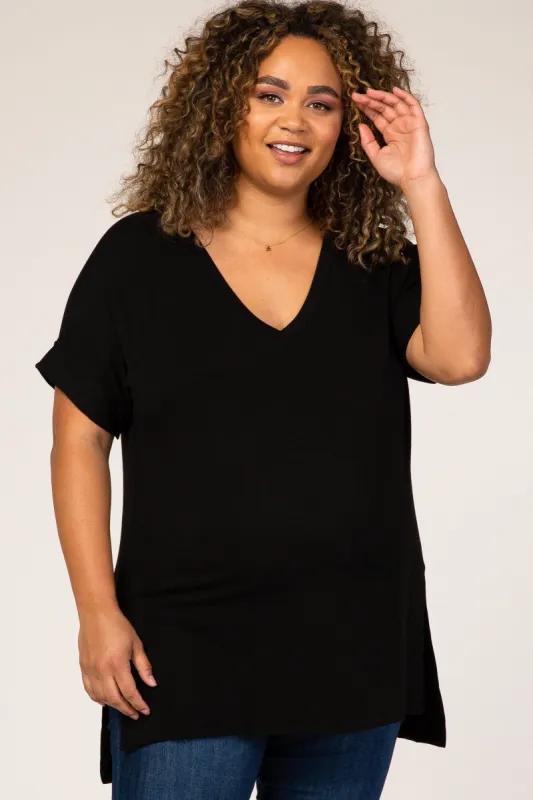 Black V-Neck Hi-Low Maternity Plus Top sold by Pinkblush