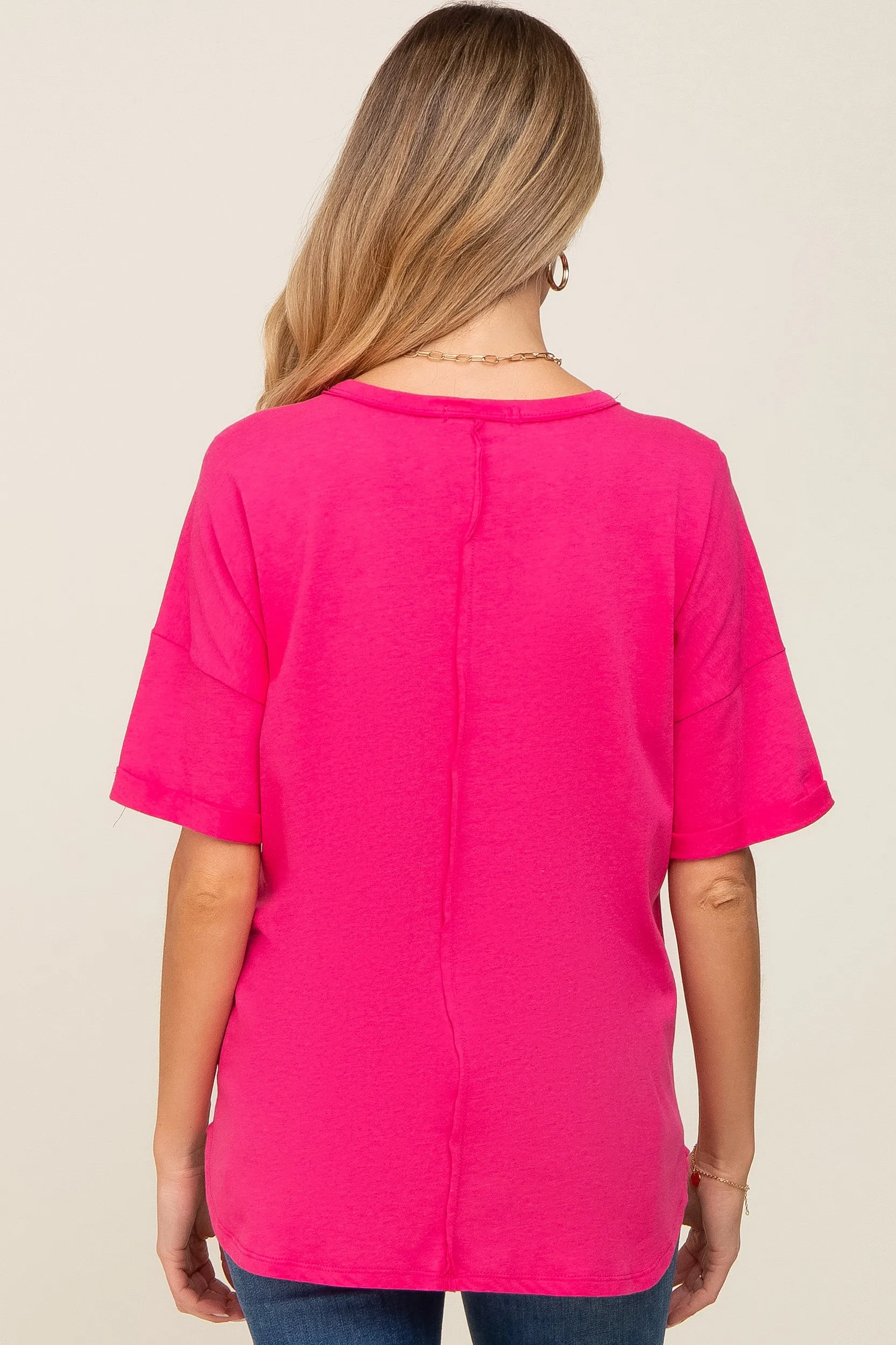Fuchsia Oversized V-Neck Cuffed Short Sleeve Maternity Tee sold by Pinkblush product image thumbnail 3