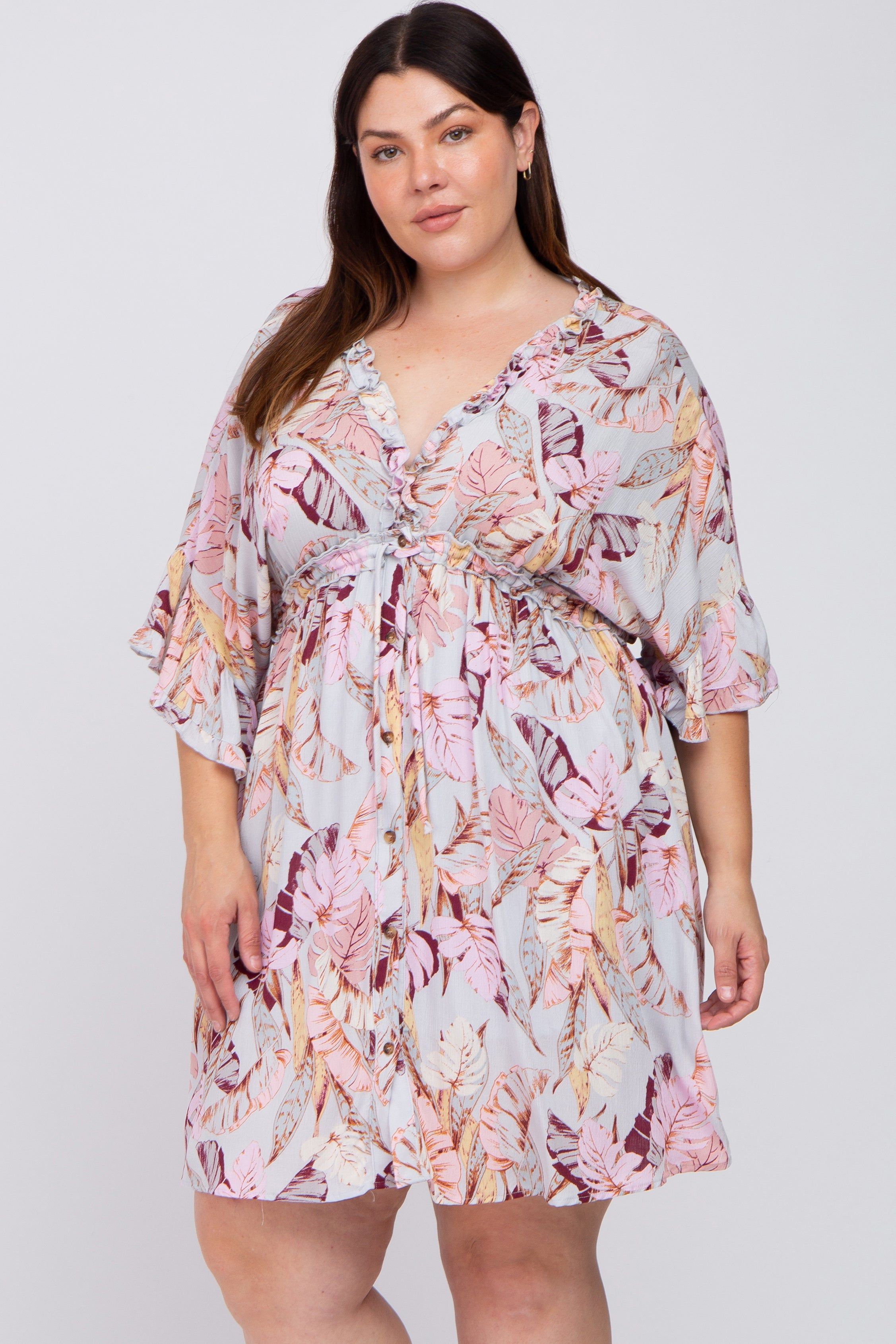 Grey Floral Button Down Ruffle Plus Dress sold by Pinkblush