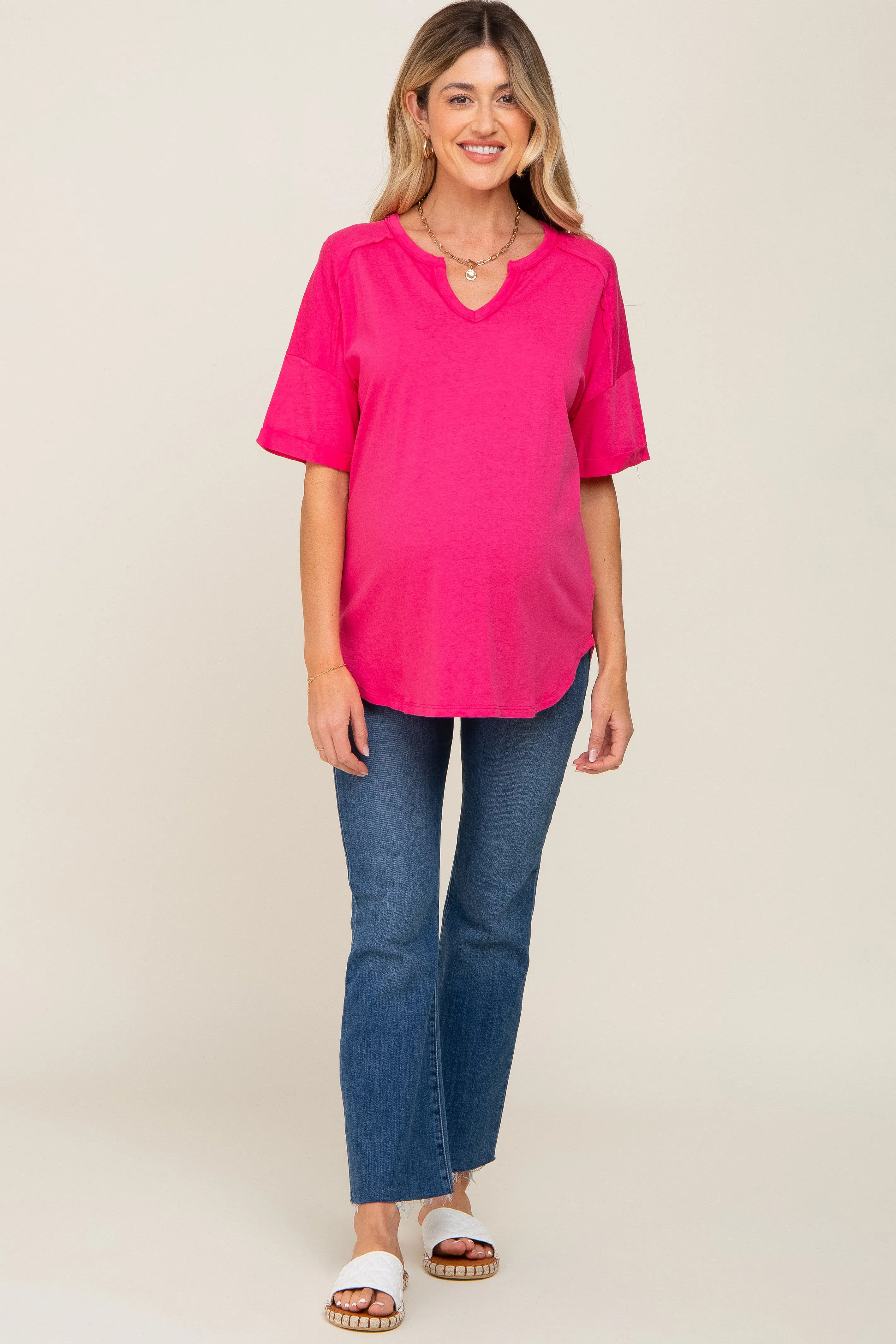 Fuchsia Oversized V-Neck Cuffed Short Sleeve Maternity Tee sold by Pinkblush product image thumbnail 4