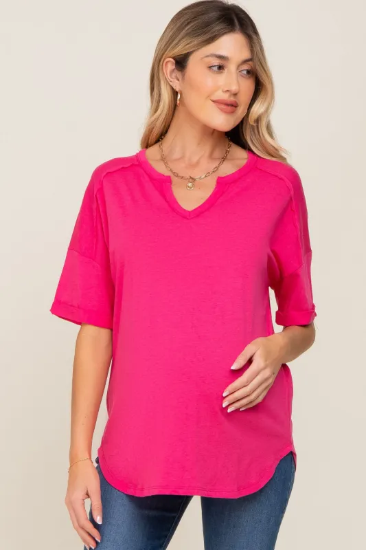 Fuchsia Oversized V-Neck Cuffed Short Sleeve Maternity Tee sold by Pinkblush