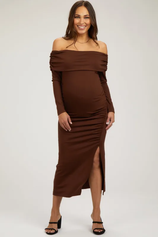 Brown Foldover Off Shoulder Front Slit Maternity Midi Dress sold by Pinkblush