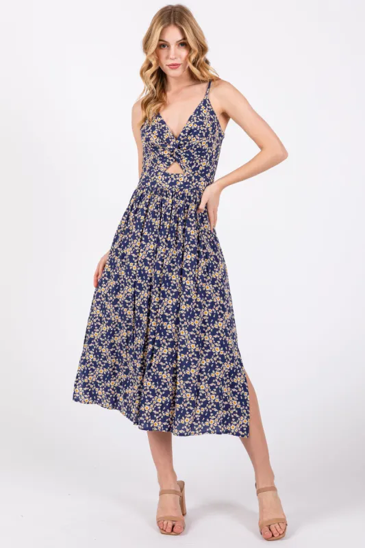 Blue Floral Front Twist Midi Dress sold by Pinkblush