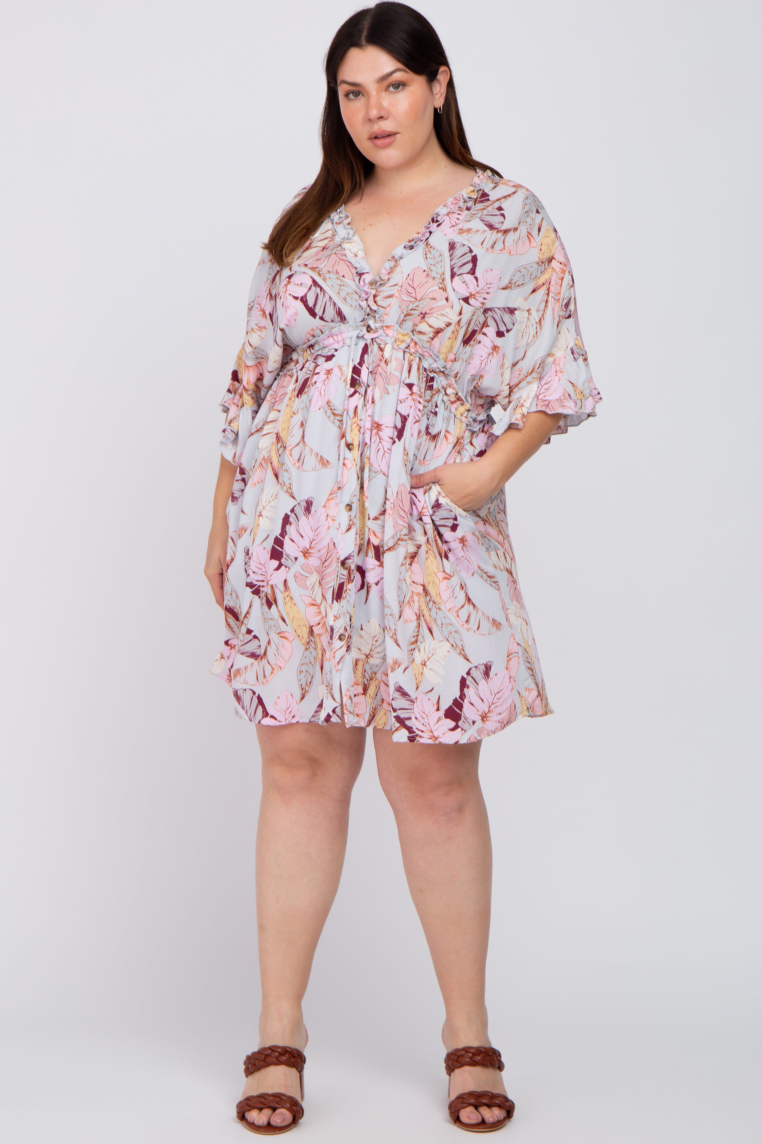 Grey Floral Button Down Ruffle Plus Dress sold by Pinkblush product image thumbnail 4
