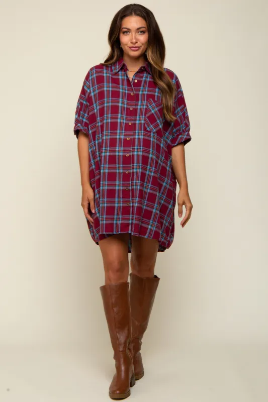 Burgundy Plaid Oversized Maternity Mini Dress sold by Pinkblush