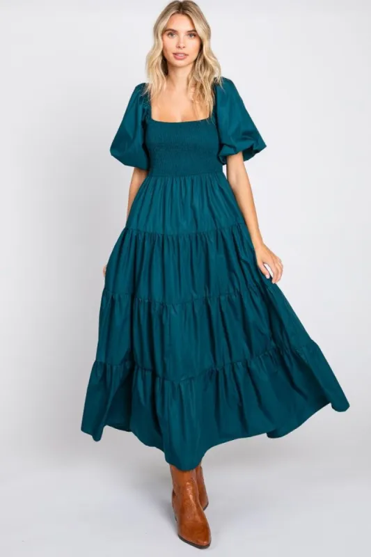 Teal Square Neck Smocked Puff Short Sleeve Tiered Midi Dress sold by Pinkblush