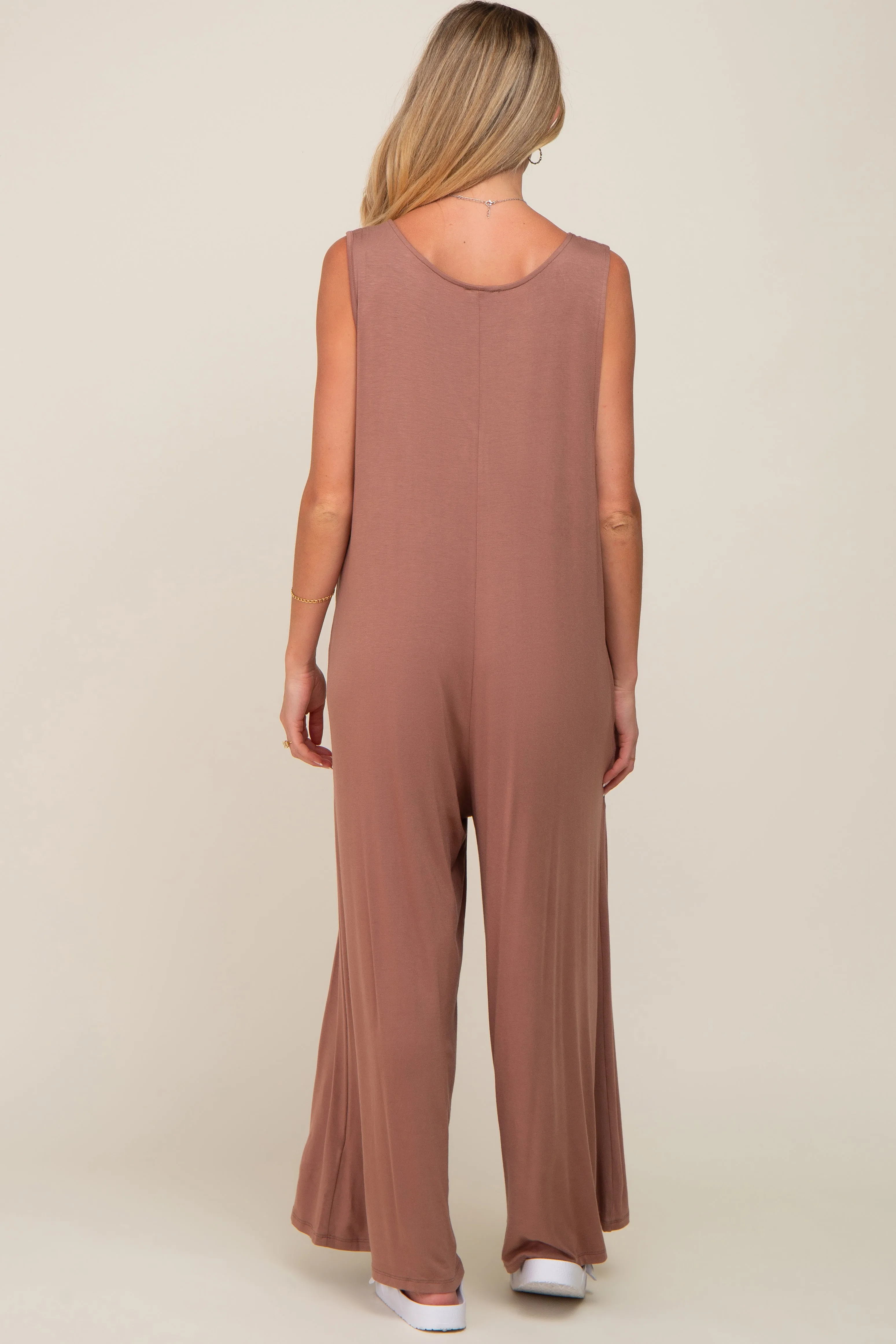Mocha Deep V Sleeveless Wide Leg Maternity Jumpsuit sold by Pinkblush product image thumbnail 3