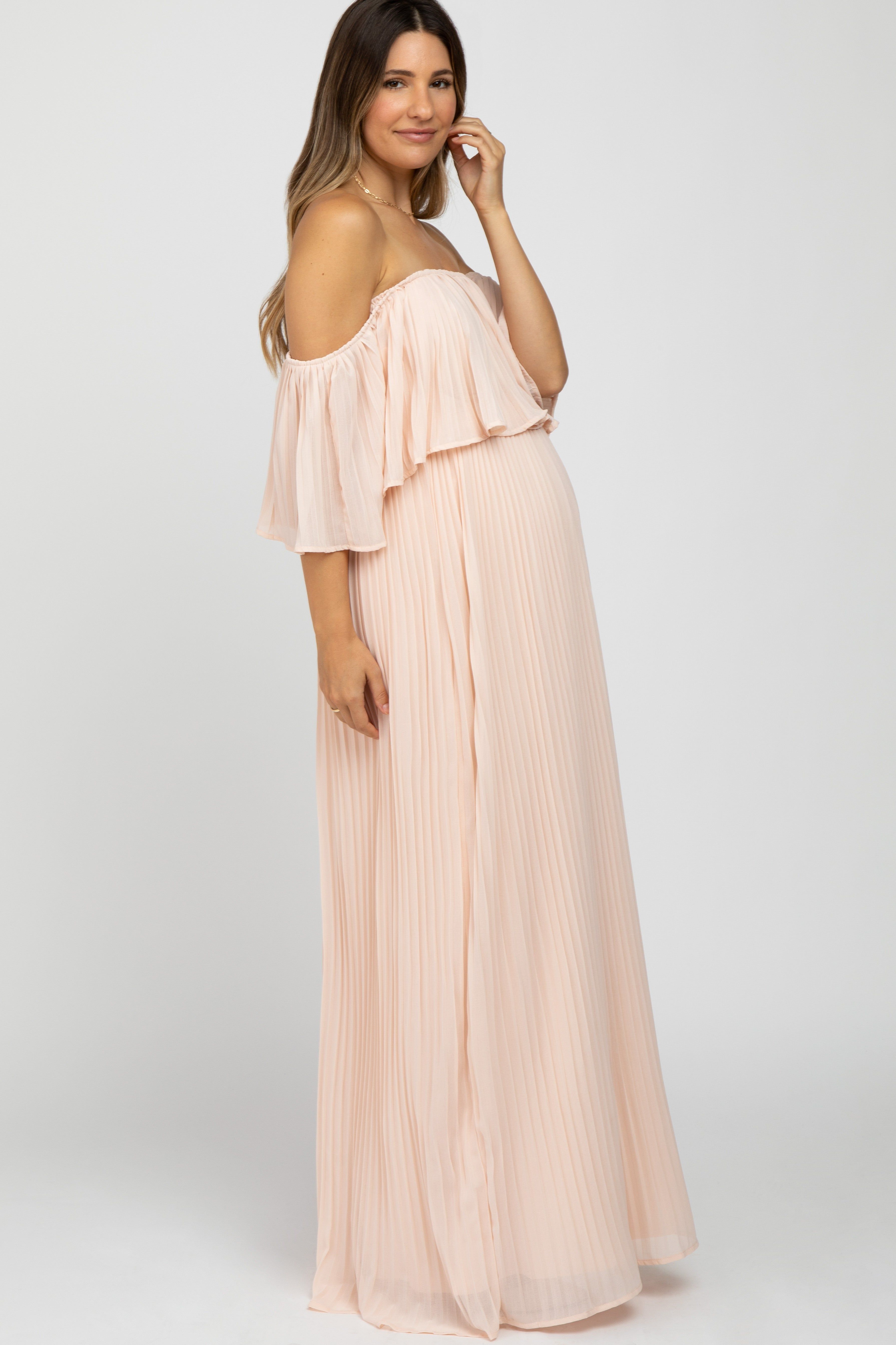 Peach Chiffon Pleated Off Shoulder Maternity Maxi Dress sold by Pinkblush product image thumbnail 3