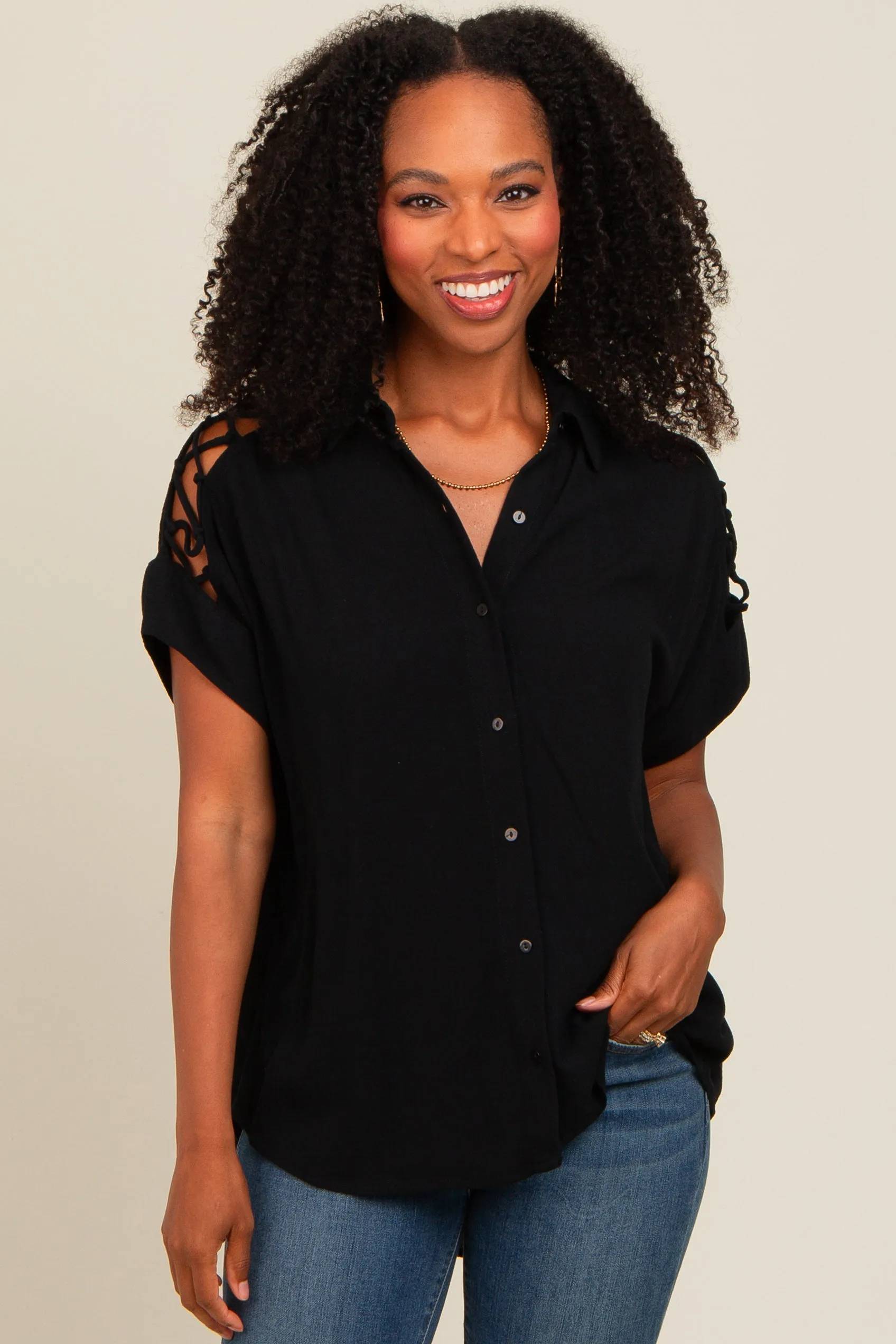 Black Button Down Lace-Up Shoulder Maternity Top sold by Pinkblush product image thumbnail 3