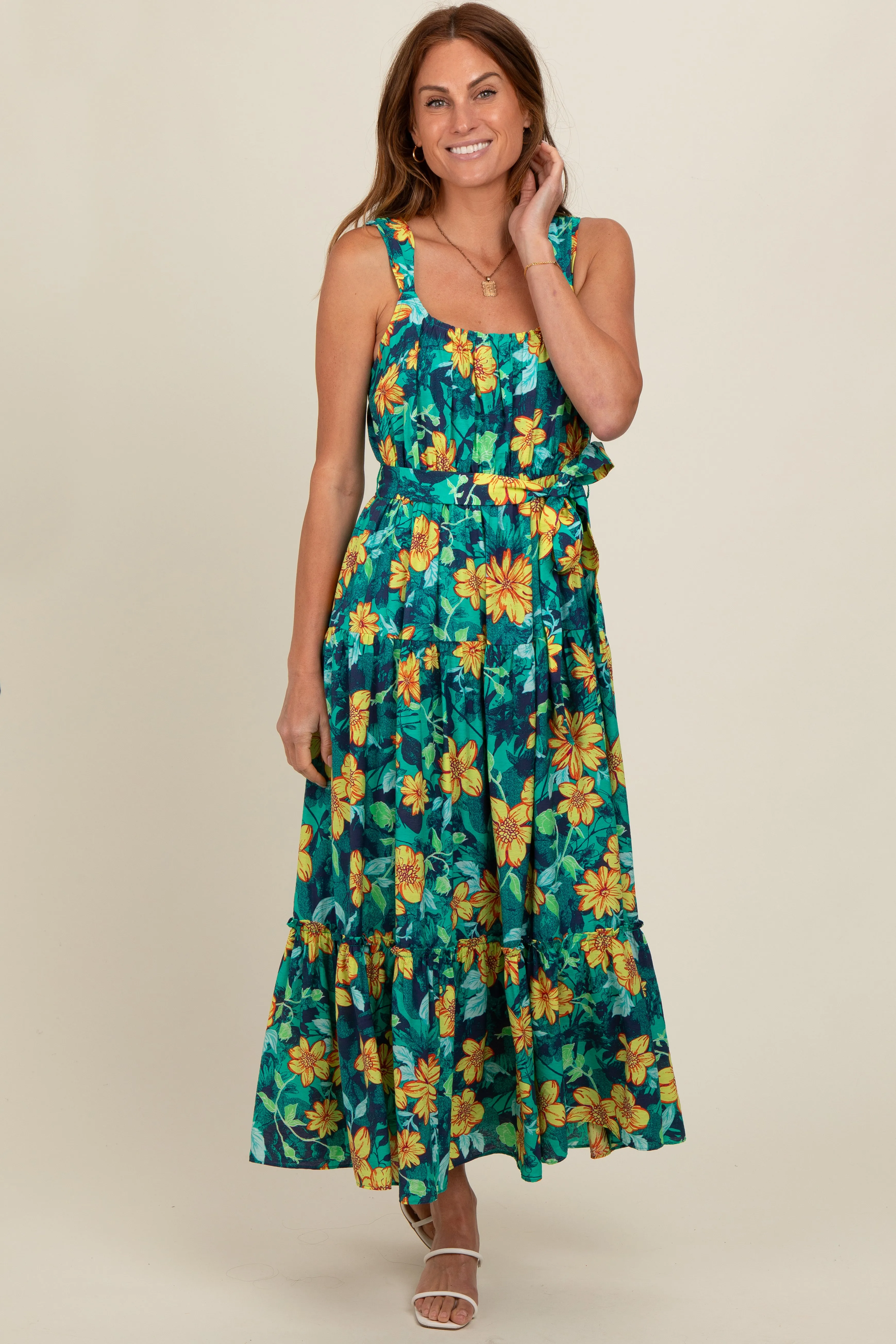 Yellow Floral Tiered Sash Tie Midi Dress sold by Pinkblush product image thumbnail 2