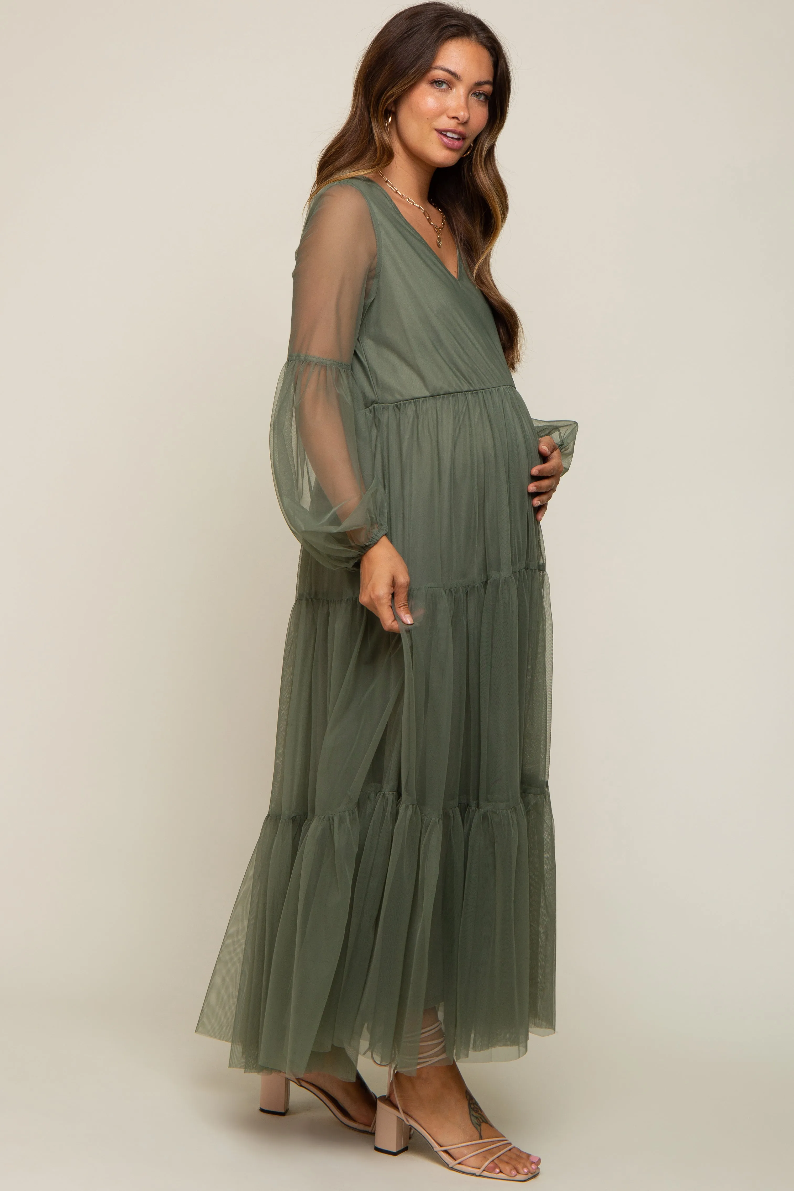Olive Mesh Overlay Tiered Maternity Maxi Dress sold by Pinkblush product image thumbnail 3