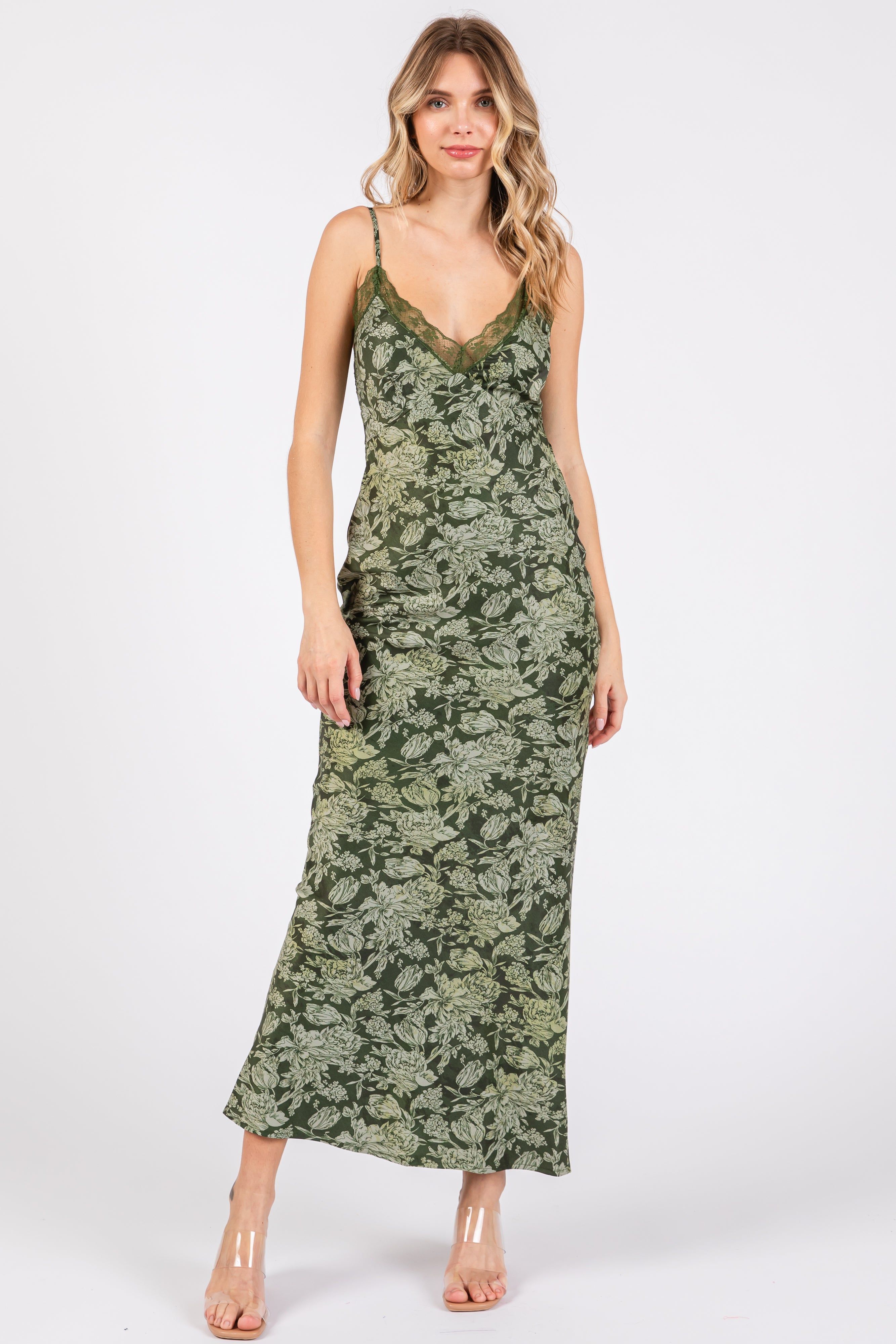Olive Satin Floral Lace V-Neck Cut Out Back Midi Dress sold by Pinkblush product image thumbnail 4