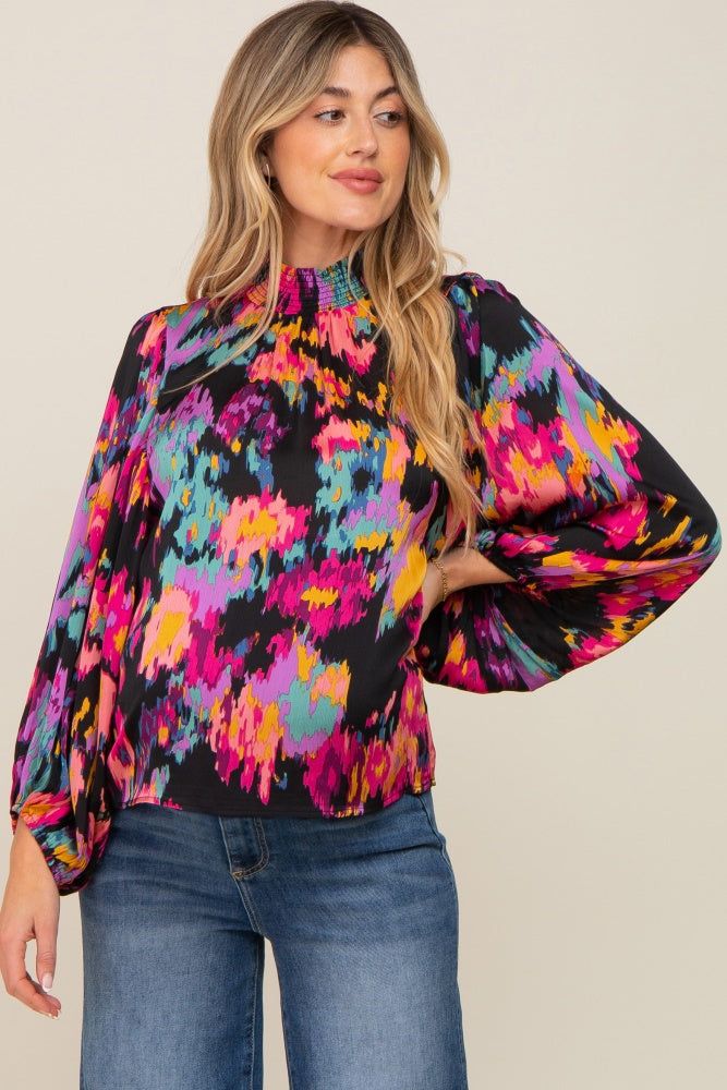 Black Abstract Smocked Mock Neck Maternity Blouse sold by Pinkblush