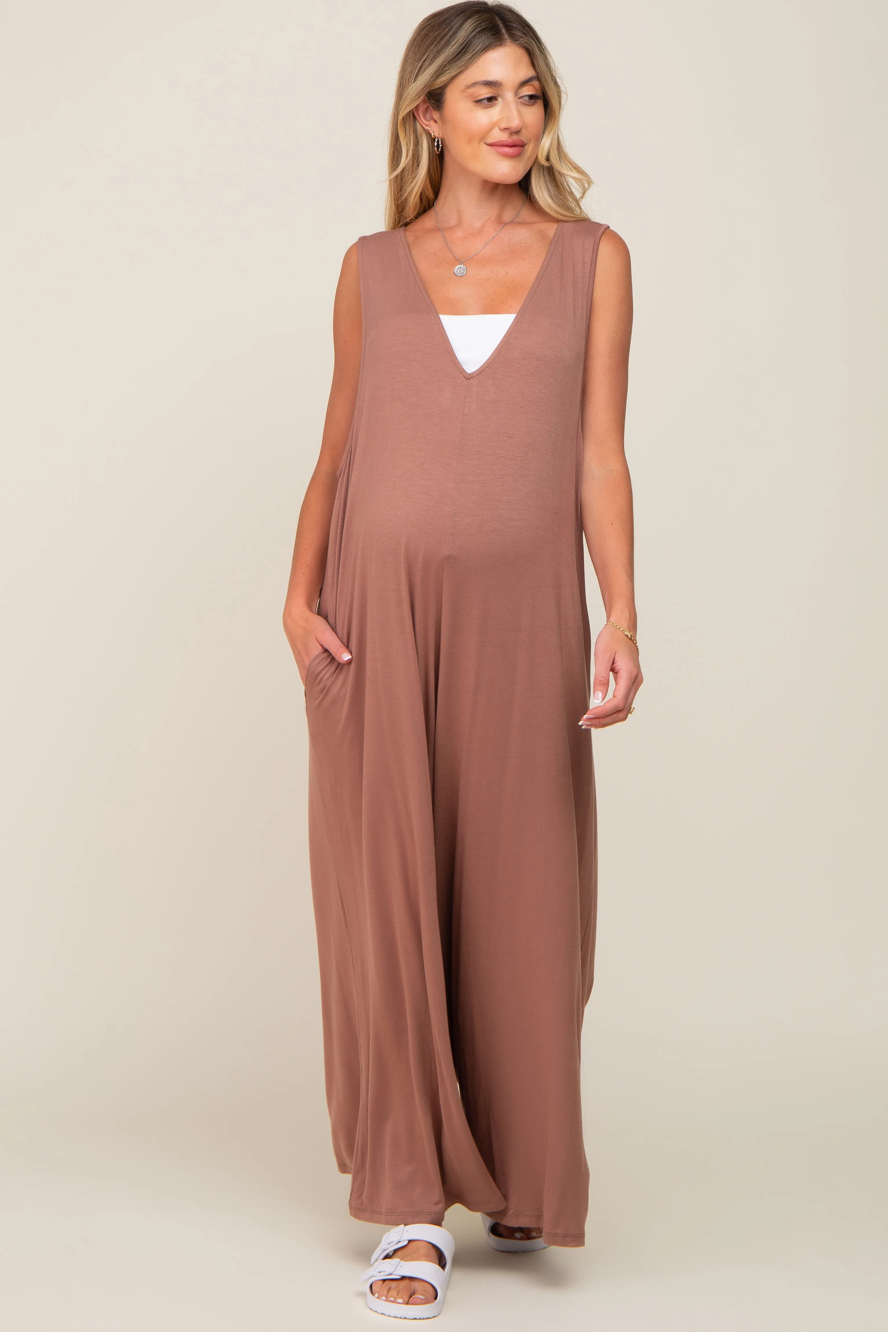 Mocha Deep V Sleeveless Wide Leg Maternity Jumpsuit sold by Pinkblush product image thumbnail 4
