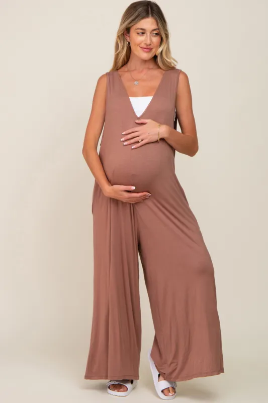 Mocha Deep V Sleeveless Wide Leg Maternity Jumpsuit sold by Pinkblush