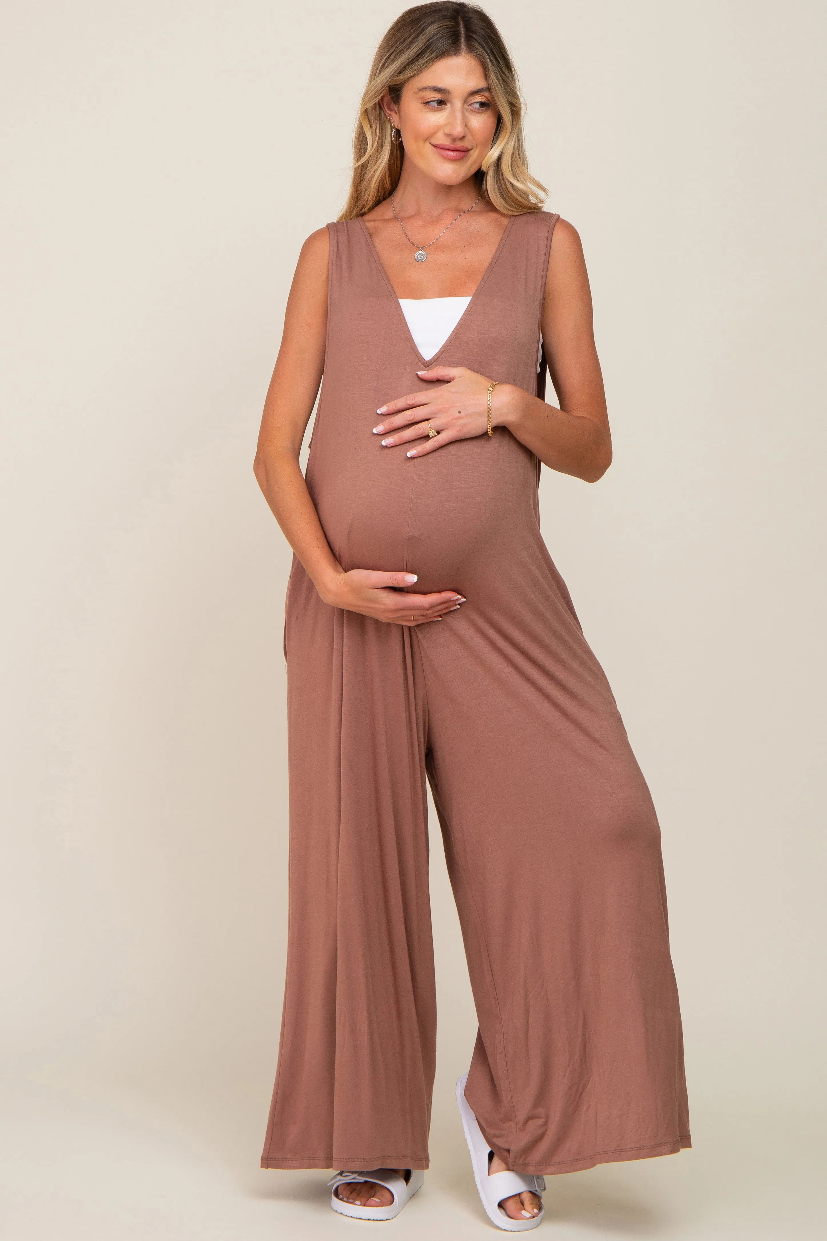 Mocha Deep V Sleeveless Wide Leg Maternity Jumpsuit sold by Pinkblush