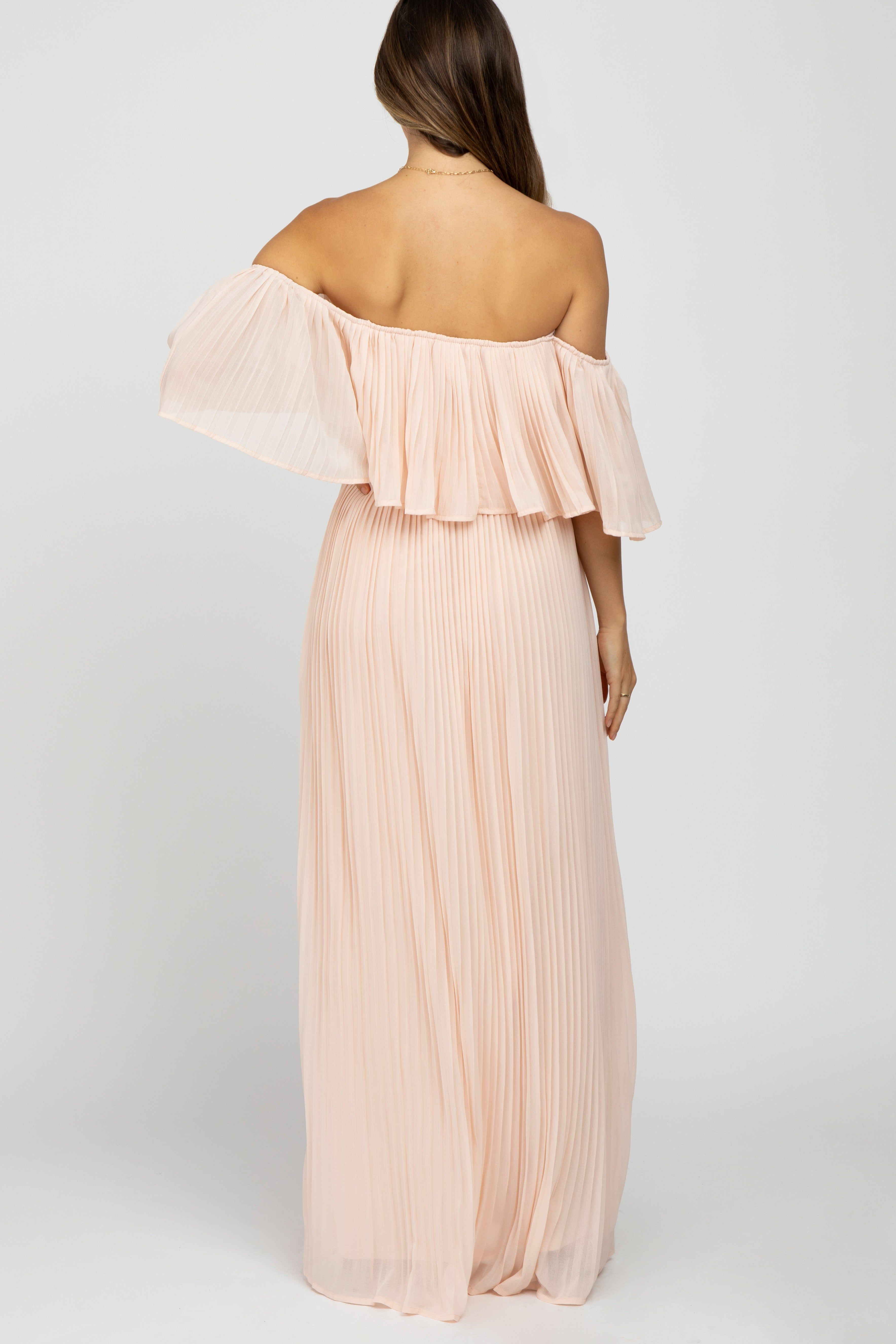 Peach Chiffon Pleated Off Shoulder Maternity Maxi Dress sold by Pinkblush product image thumbnail 4