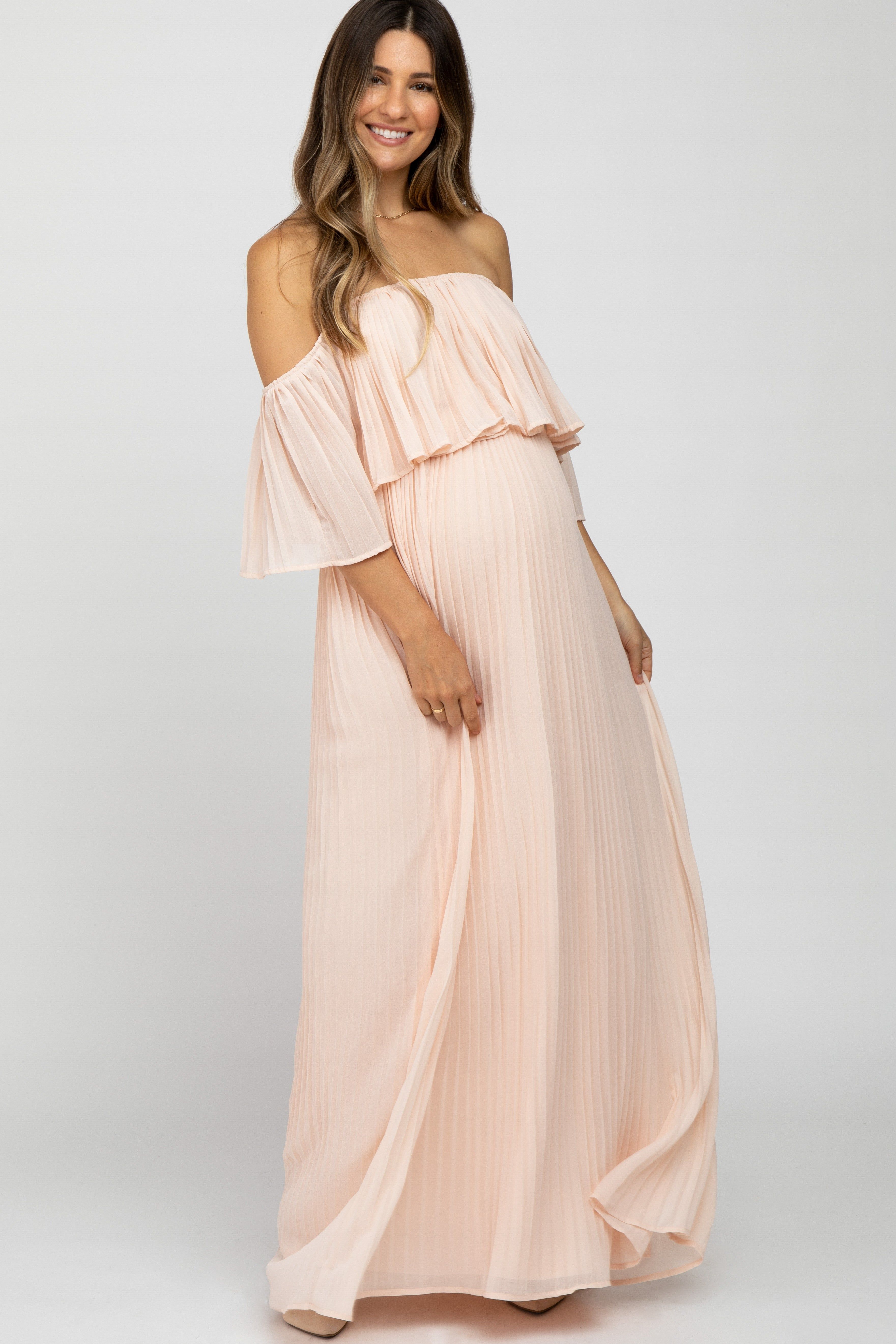 Peach Chiffon Pleated Off Shoulder Maternity Maxi Dress sold by Pinkblush