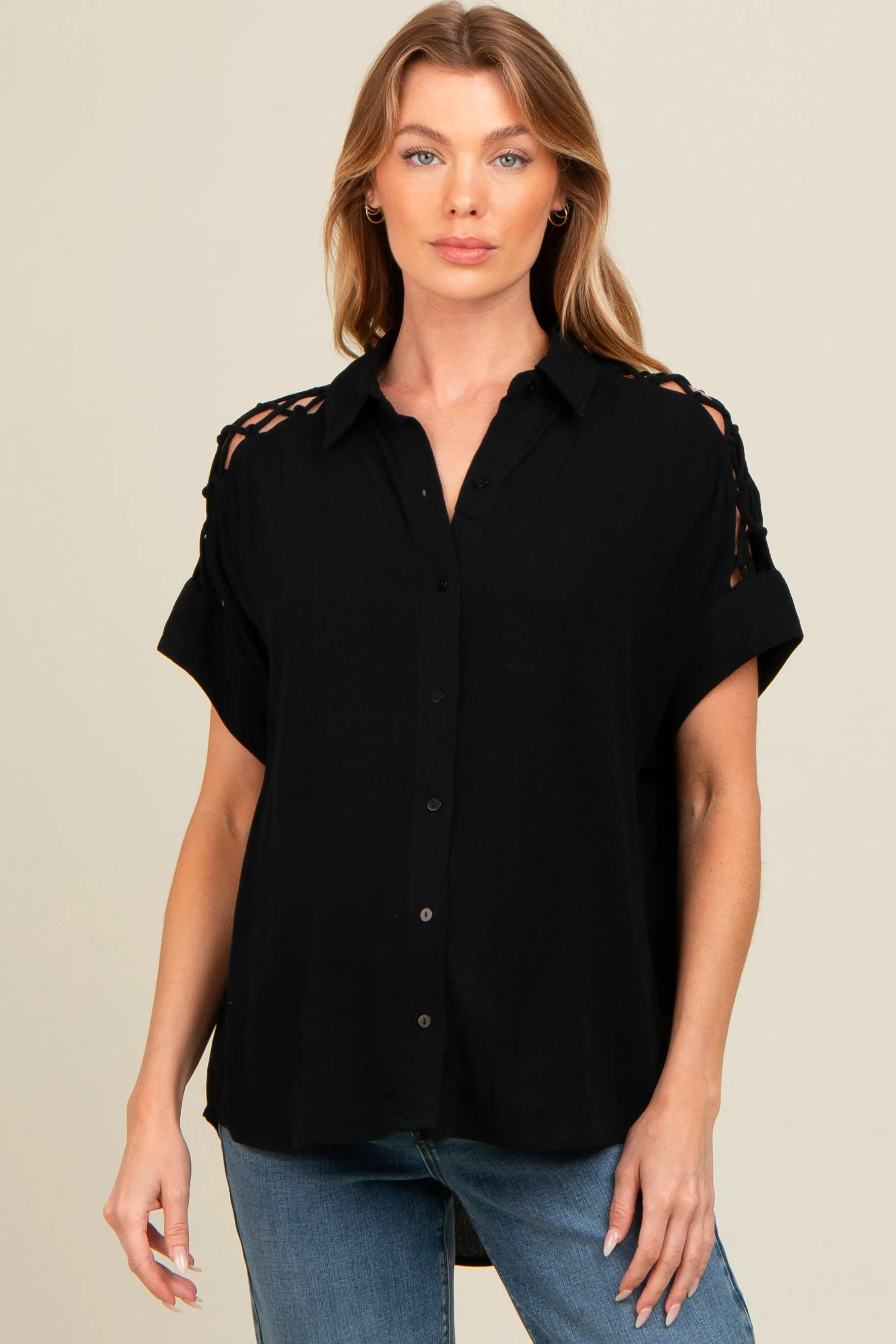 Black Button Down Lace-Up Shoulder Maternity Top sold by Pinkblush