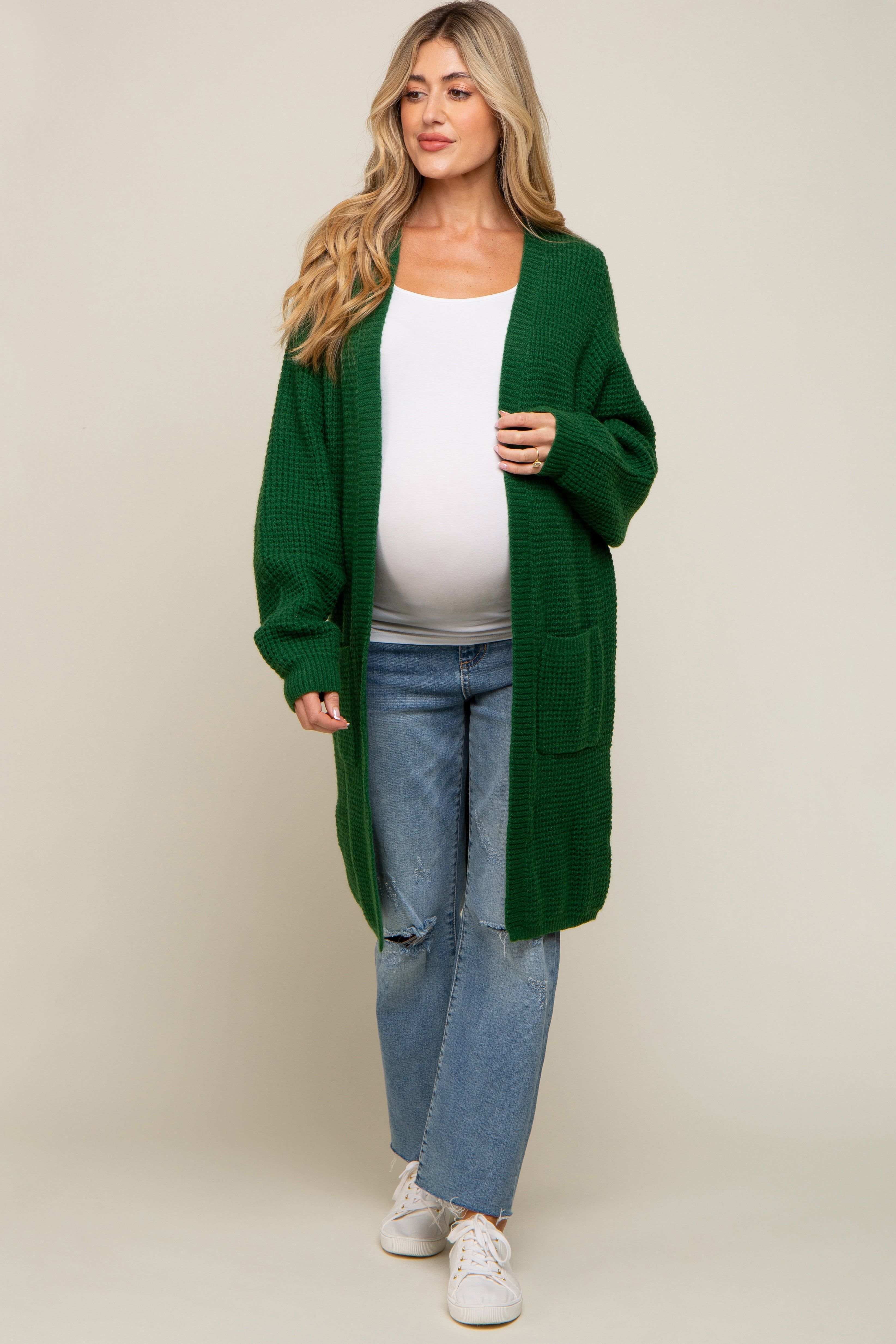 Forest Green Chunky Waffle Knit Maternity Cardigan sold by Pinkblush