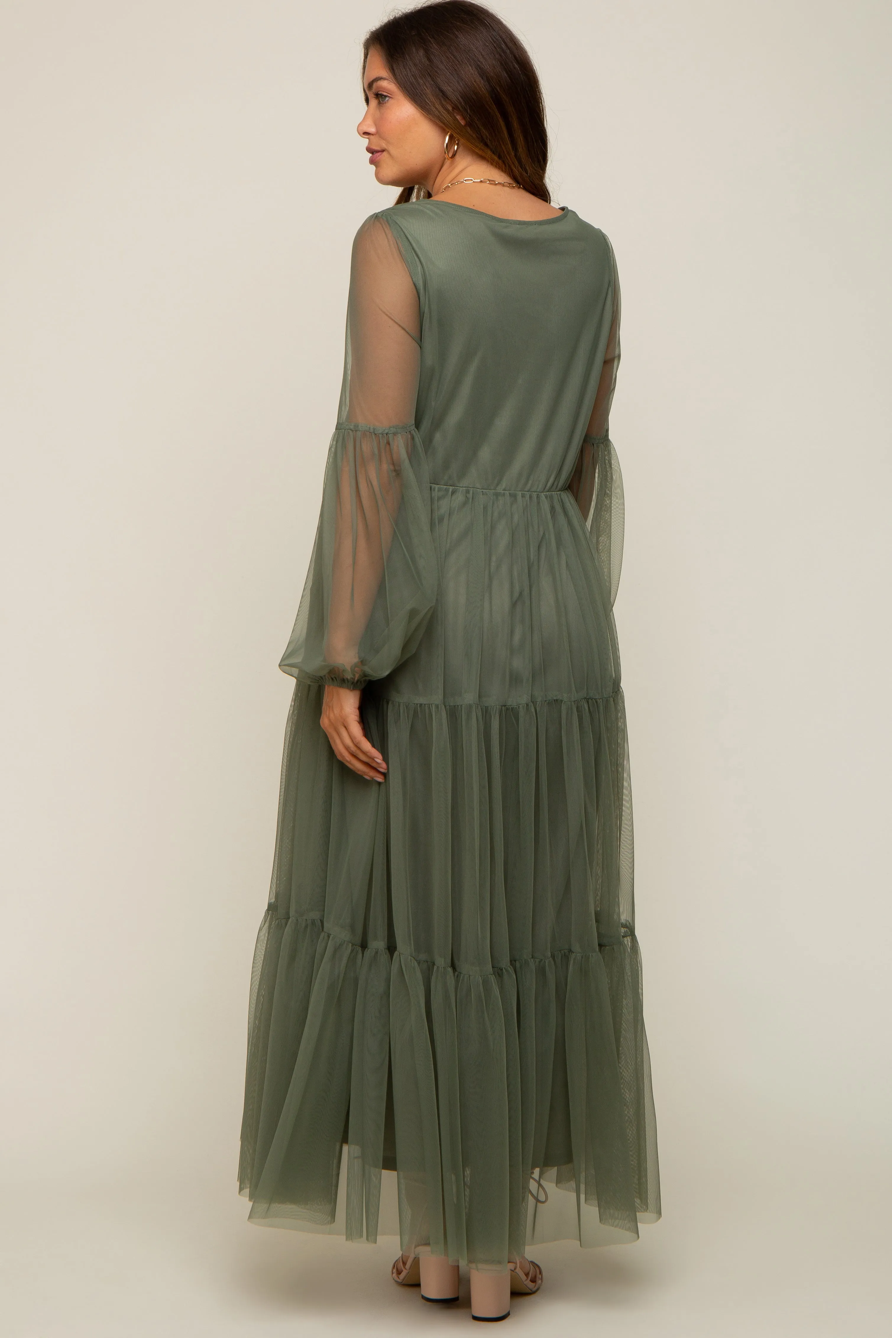 Olive Mesh Overlay Tiered Maternity Maxi Dress sold by Pinkblush product image thumbnail 4