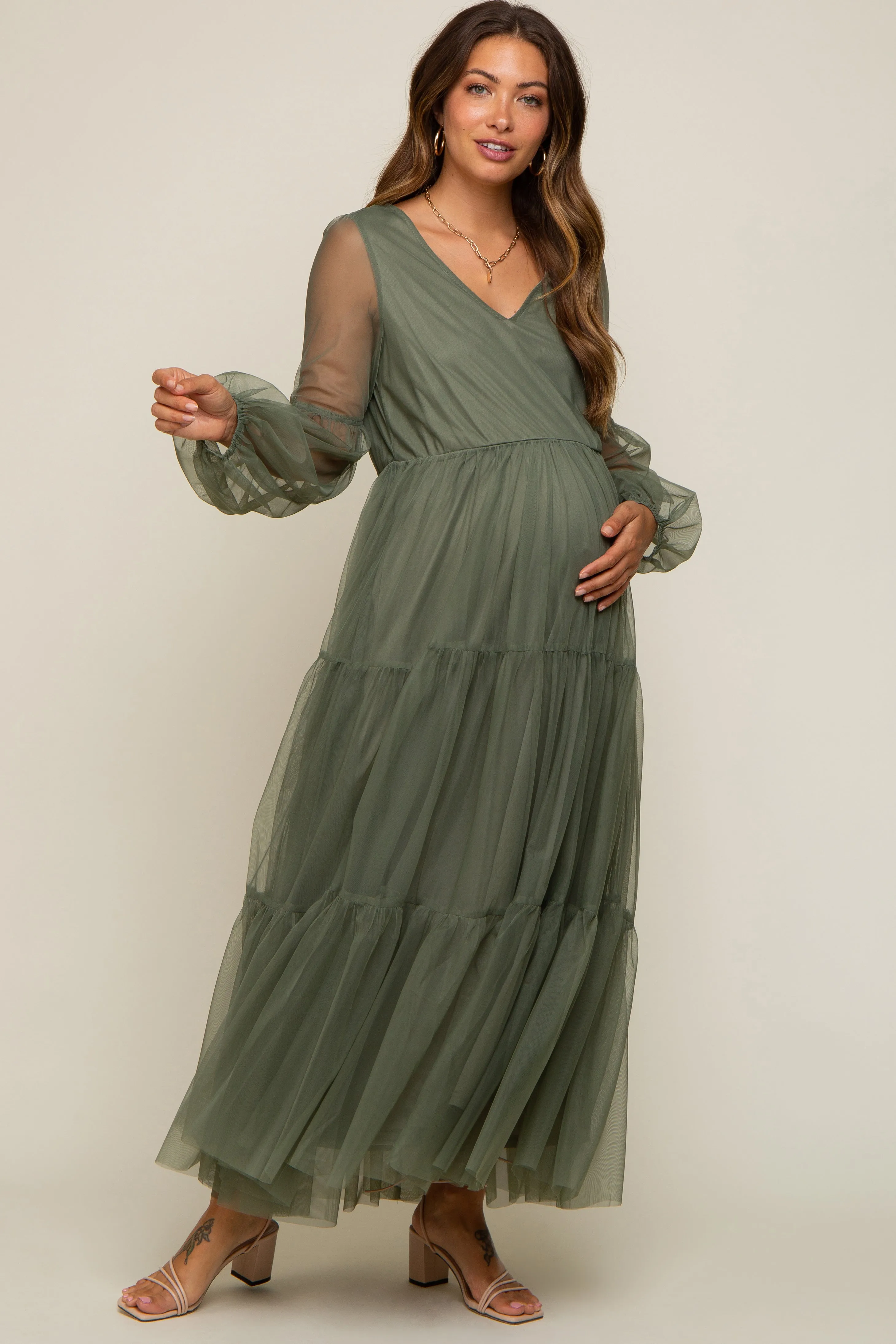Olive Mesh Overlay Tiered Maternity Maxi Dress sold by Pinkblush