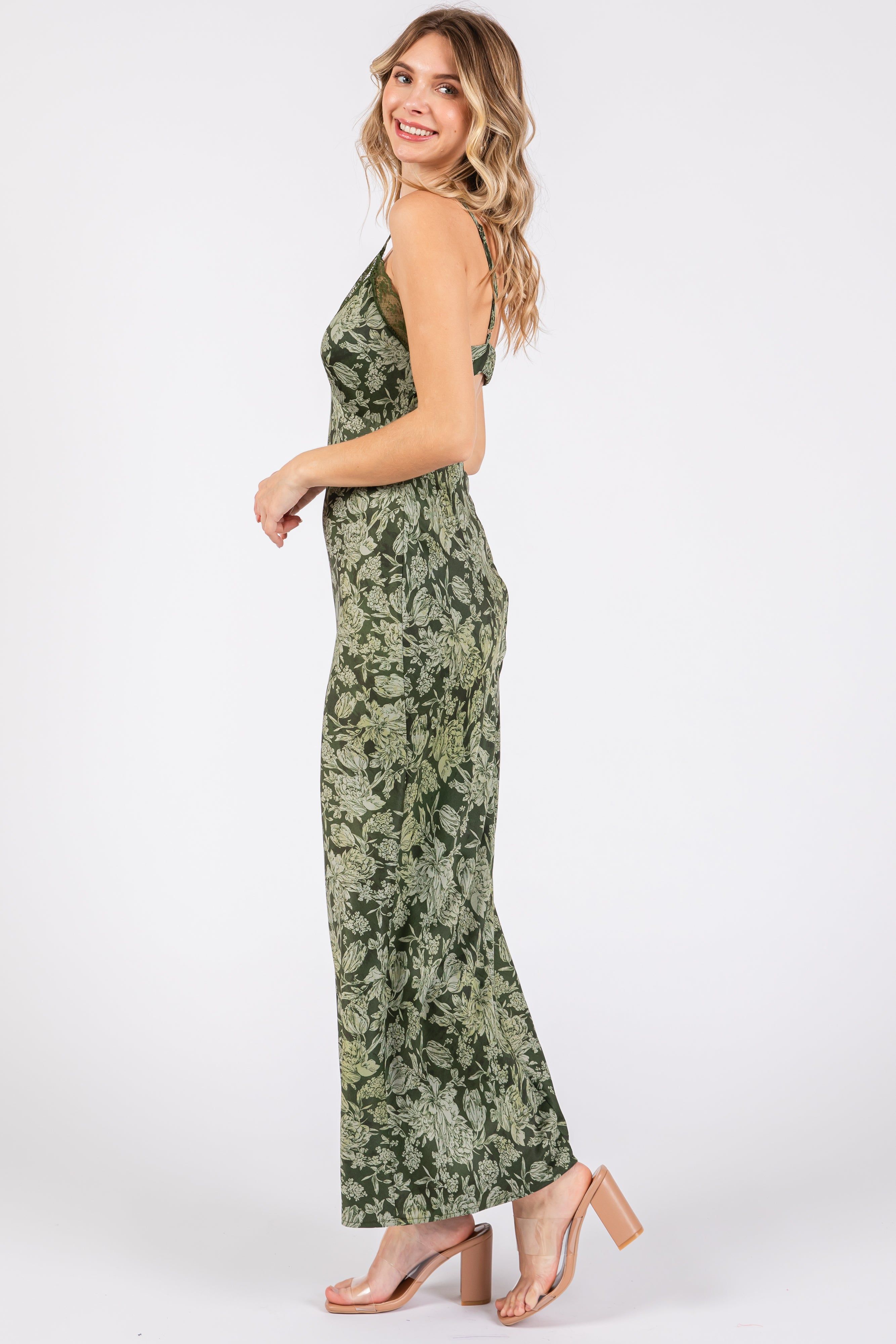 Olive Satin Floral Lace V-Neck Cut Out Back Midi Dress sold by Pinkblush product image thumbnail 2